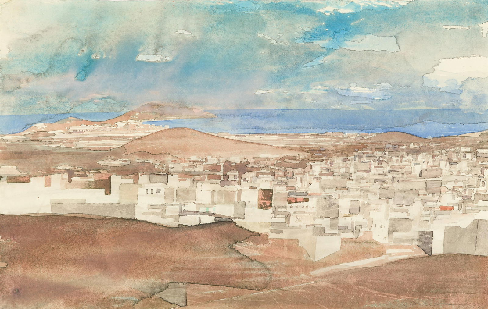 Gottfried Salzmann: Gran Canaria: Gottfried Salzmann Gran Canaria Aquarell auf Papier auf Karton kaschiert; gerahmt 29,5 x 45,5 cm Signiert rechts unten: Salzmann Privatbesitz, Wien Gottfried Salzmann Gran Canaria watercolour on
