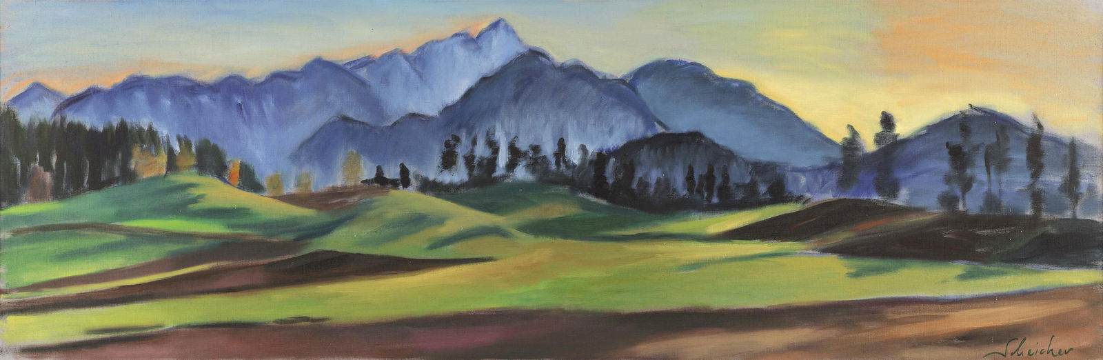 Harald Scheicher: Abend im April: Harald Scheicher Abend im April 2020 Öl auf Leinwand; gerahmt 50 x 145 cm Signiert rechts unten: Scheicher Rückseitig signiert und datiert: Harald Scheicher, 2020 österreichischer