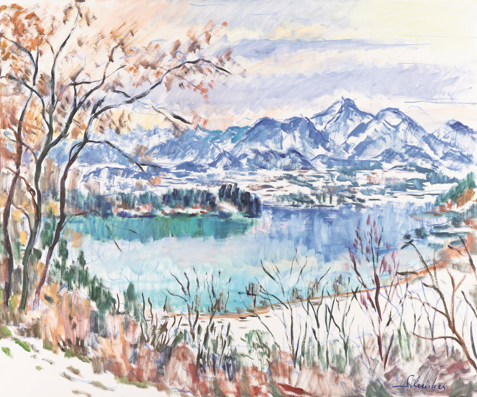 Harald Scheicher: Stausee und Obir: Harald Scheicher Stausee und Obir 2024 Öl auf Leinwand; gerahmt 100 x 120 cm Signiert rechts unten: Scheicher Rückseitig signiert und datiert: Harald Scheicher, 2024 österreichischer
