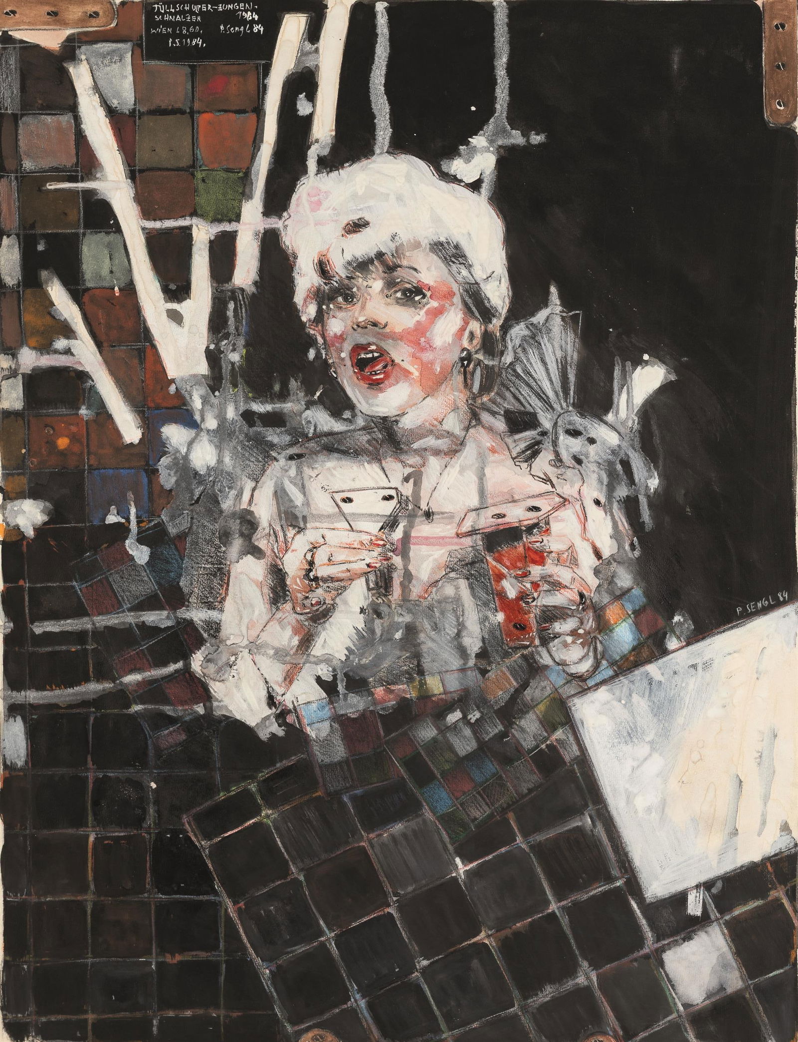 Peter Sengl: Tüllschulter-Zungen-Schnalzen: Peter Sengl Tüllschulter-Zungen-Schnalzen 1984 Mischtechnik auf Papier; gerahmt 60,5 x 46,3 cm (Passep.-Ausschn.) Bezeichnet, datiert und signiert links oben: Tüllschulter-Zungen-Schnalzen,