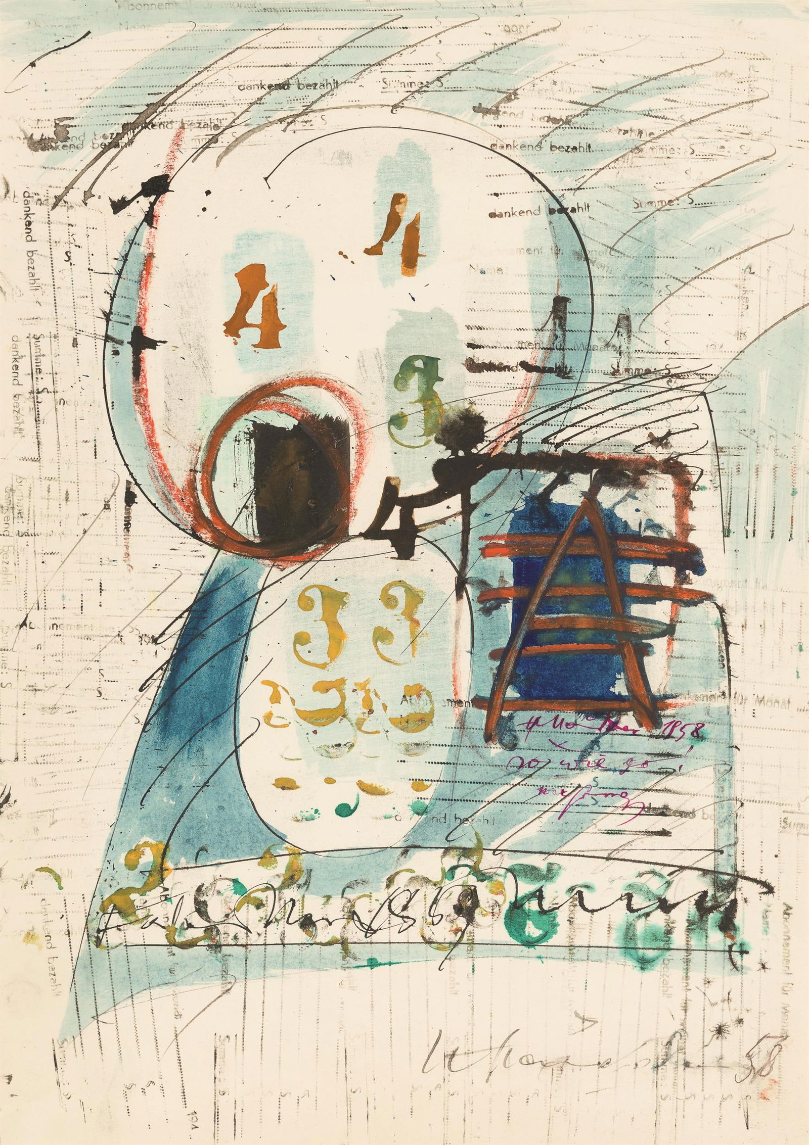 Hans Staudacher: so wie so: Hans Staudacher so wie so 1958 Mischtechnik auf Papier; gerahmt 41,5 x 29,5 cm Signiert, datiert und bezeichnet mittig rechts: H. Staudacher, 1958, so wie so Zusätzlich signiert und datiert