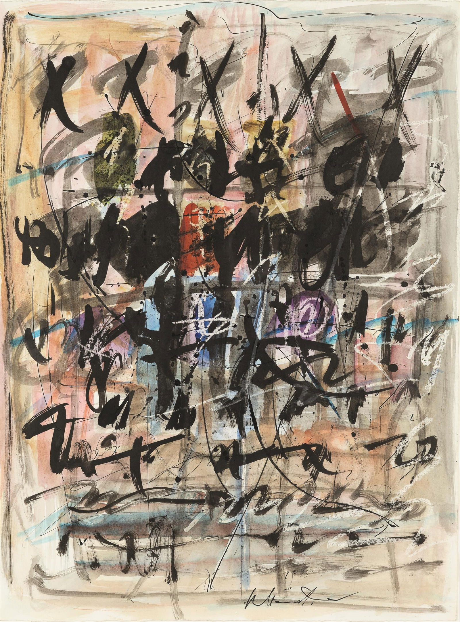 Hans Staudacher: o.T.: Hans Staudacher o.T. 1985 Mischtechnik auf Papier; gerahmt 64 x 47,5 cm Datiert und signiert mittig unten: 1985, Hans Staudacher Galerie Elisabeth und Klaus Thoman; österreichischer Privatbesitz