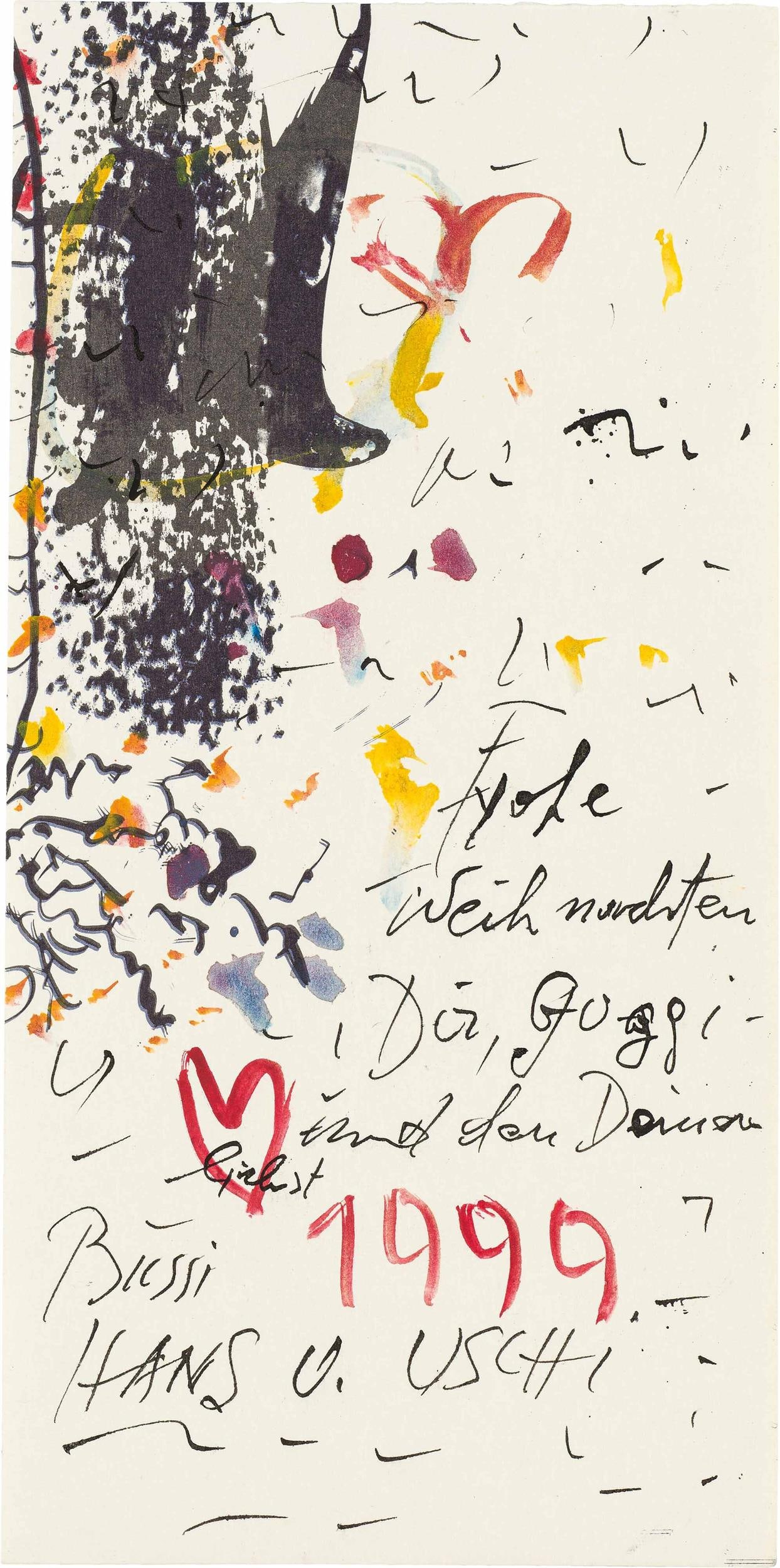Hans Staudacher: o.T. (Grußkarte): Hans Staudacher o.T. (Grußkarte) 1999 Mischtechnik auf Papier; gerahmt 21,4 x 10,6 cm Mit persönlicher Grußbotschaft. österreichischer Privatbesitz Hans Staudacher Untitled (greeti