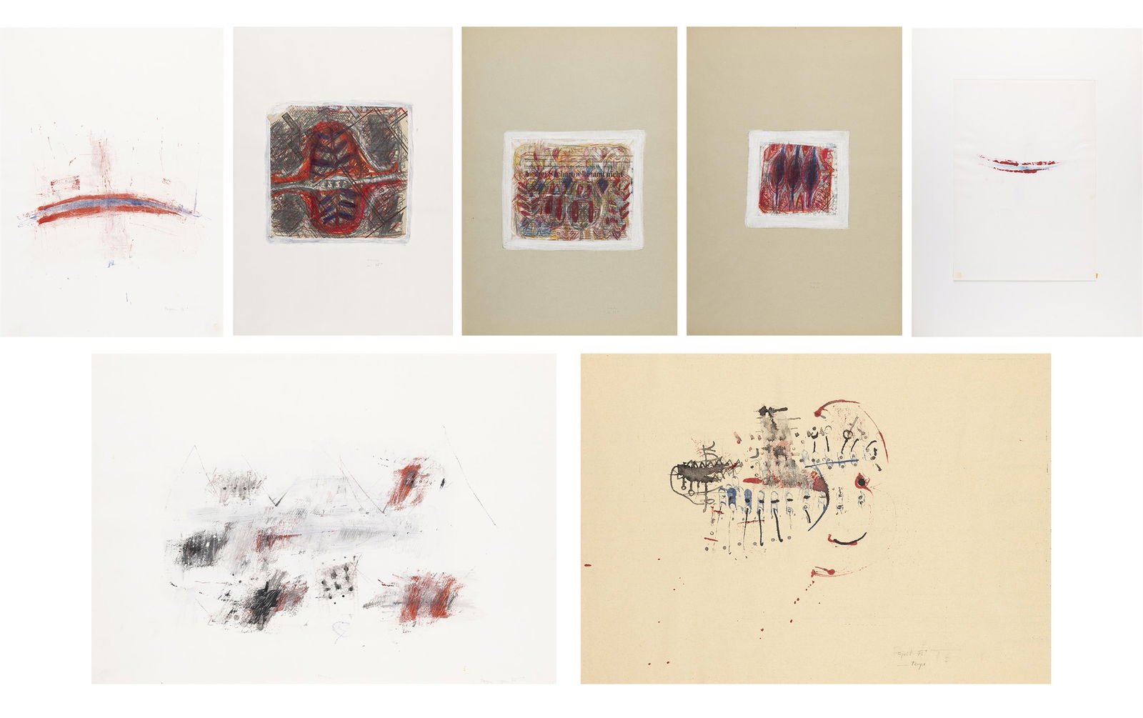 Johann Julian Taupe: o.T. (Konvolut aus sechs Arbeiten): Johann Julian Taupe o.T. (Konvolut aus sechs Arbeiten) 1976 Mischtechnik auf Papier; ungerahmt 21 x 29,5 - 55 x 35 cm (Blattmaß) Jeweils signiert und datiert: Taupe, 76 österreichischer Priv