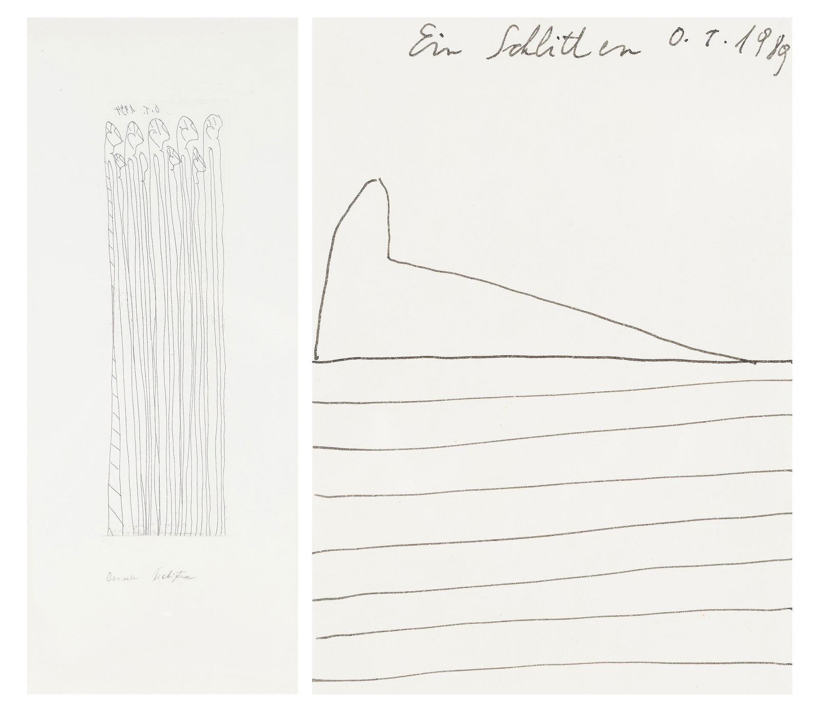 Oswald Tschirtner: Ein Schlitten, 1989; o.T., 1994 (Konvolut aus zwei Arbeiten): Oswald Tschirtner Ein Schlitten, 1989; o.T., 1994 (Konvolut aus zwei Arbeiten) Tintenroller auf Papier, Druckgrafik; gerahmt 14,5 x 10,3 cm; 62,5 x 26,3 cm (Rahmen-Ausschn.), 39,7 x 11,8 cm (Platte) K
