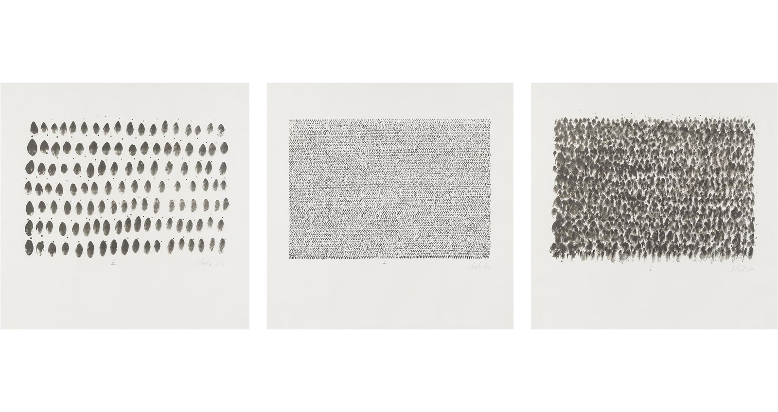 Günther Uecker: Drei Beete im zärtlichen Garten (Konvolut aus drei Lithographien): Günther Uecker Drei Beete im zärtlichen Garten (Konvolut aus drei Lithographien) 1980 Lithographie; gerahmt je 56 x 56 cm Handschriftlich nummeriert jeweils mittig unten: I - III Handschrift