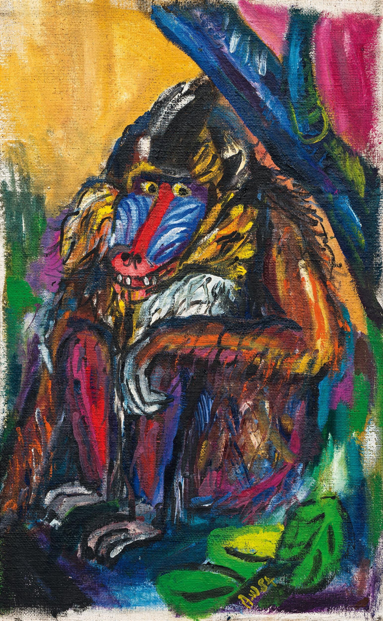 Alexandra Wacker: Affe (Mandrill): Alexandra Wacker Affe (Mandrill) 1984 Öl auf Leinwand; gerahmt 89,5 x 55 cm (Rahmen-Ausschn.) Monogrammiert und datiert rechts unten: A. W., 84 österreichischer Privatbesitz Alexandra