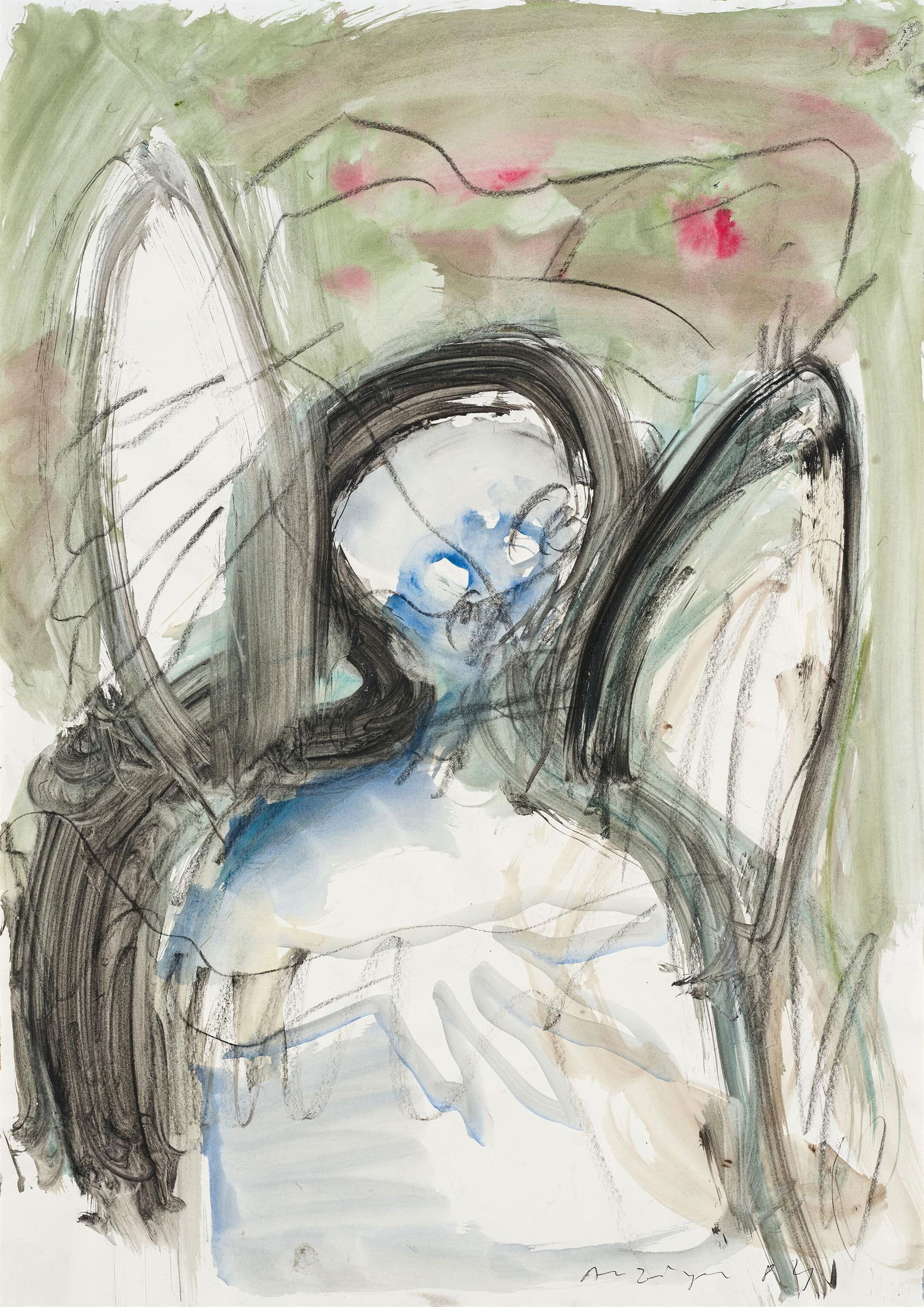 Siegfried Anzinger: Heller Engel (aus dem Zyklus "Menschen u. Viecher"): Siegfried Anzinger Heller Engel (aus dem Zyklus "Menschen u. Viecher") 1984 Mischtechnik auf Papier; ungerahmt 59 x 42 cm Signiert und datiert rechts unten: Anzinger, 84 Rückseitig bezeichnet: "H