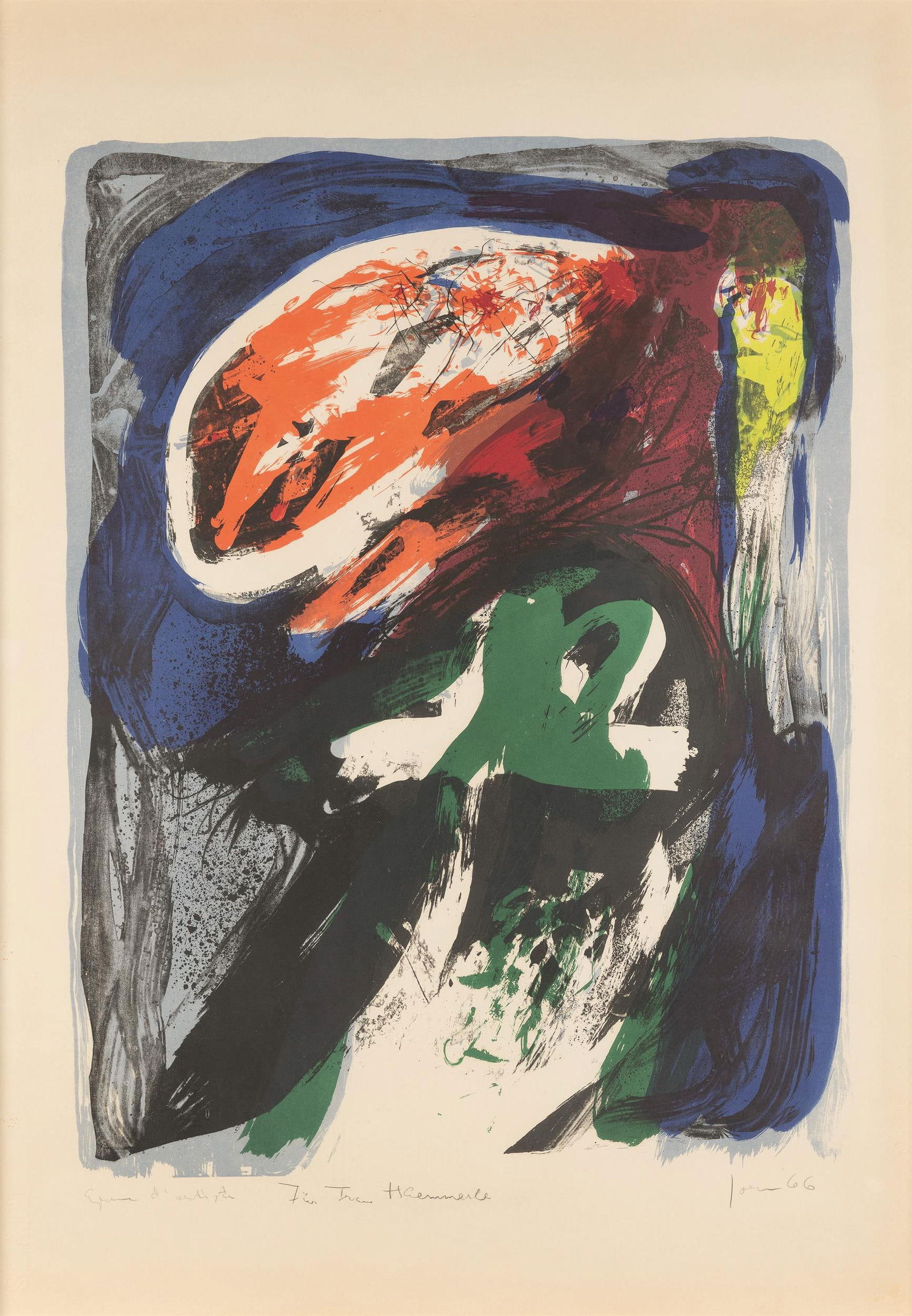 Asger Jorn: o.T.: Asger Jorn o.T. 1966 Farblithographie; gerahmt 87,5 x 61,5 cm (Rahmen-Ausschn.) Handschriftlich bezeichnet links unten: épreuve d'artiste Handschriftlich signiert und datiert rechts unten: Jorn,