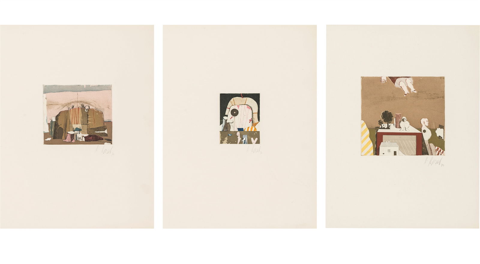 Karl Korab: o.T., aus der Mappe "Der Mann ohne Schnurrbart": Karl Korab o.T., aus der Mappe "Der Mann ohne Schnurrbart" (Konvolut aus drei Radierungen) 1972 Farbradierung; gerahmt 18,7 x 19,3 cm (Platte); 13,7 x 15,7 cm (Platte); 11,7 x 9,4 cm (Platte) Jeweils