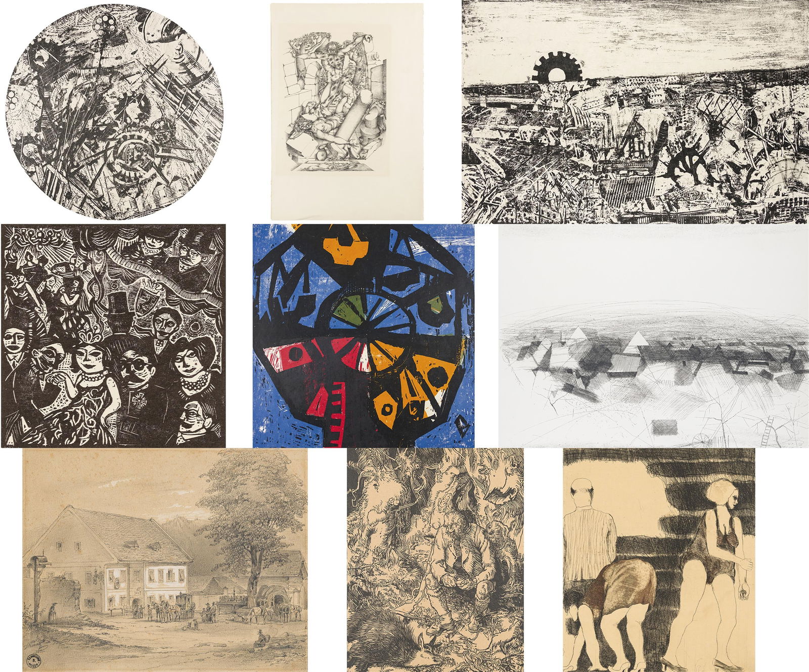 Adolf Frohner und Karl Korab und Andre Verlon u.a.: o.T.: Adolf Frohner und Karl Korab und Andre Verlon u.a. o.T. (Konvolut aus 8 Druckgrafiken und 1 Zeichnung) Druckgrafiken, Zeichnung auf Papier; ungerahmt 16 x 21 - 50 x 65 cm (Blattmaße) Arbeiten