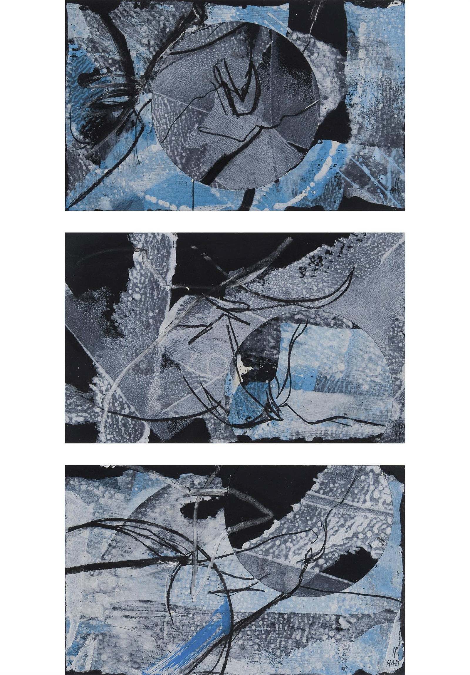 Hannes Mlenek: 3-teilige Serie: Hannes Mlenek 3-teilige Serie 1999 Mischtechnik auf Karton; gerahmt je 29 x 47 cm Datiert und signiert rechts unten: 99, Ham. Datiert und signiert rechts unten: 99, Ham. Signiert und datiert rechts