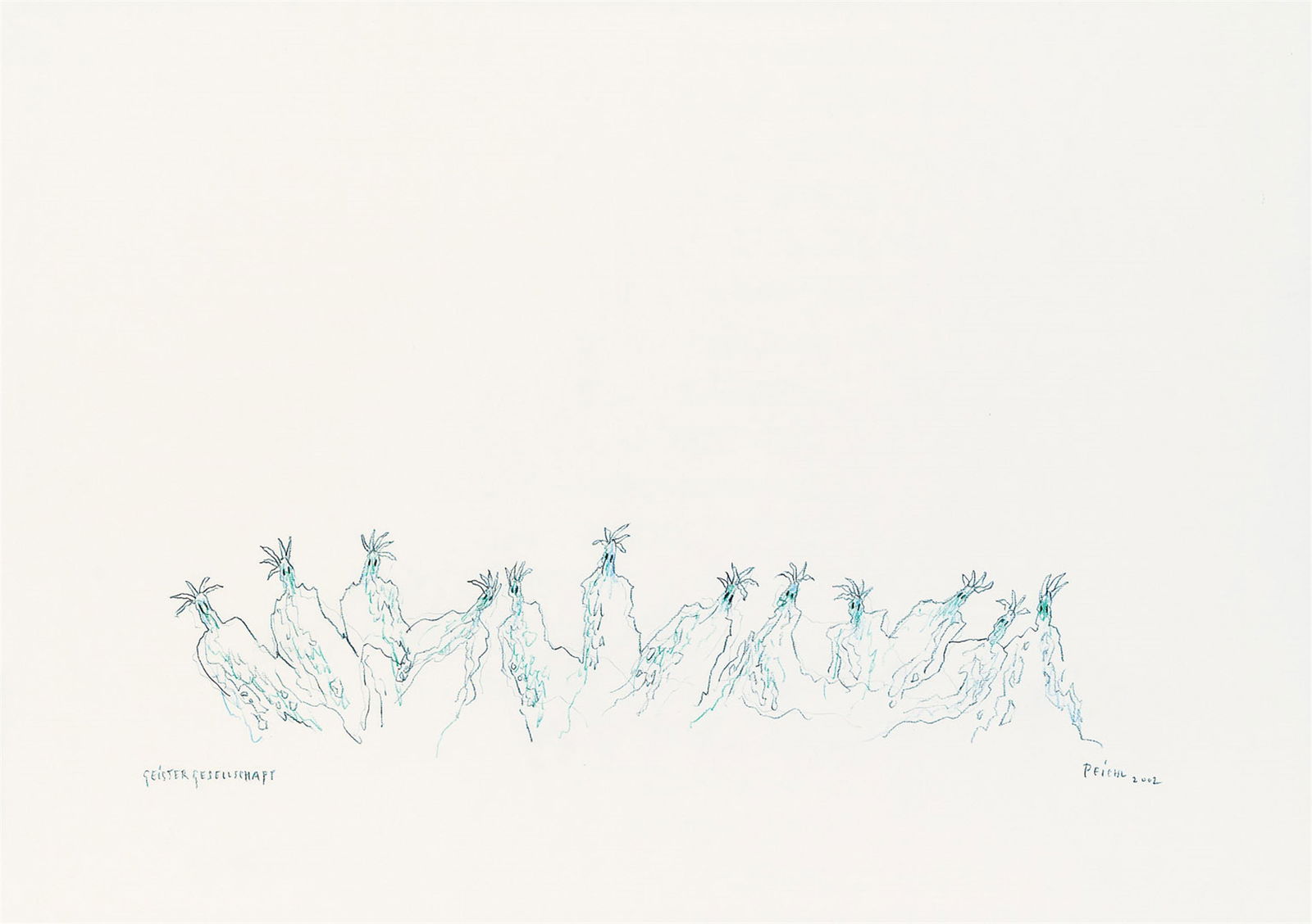 Gustav Peichl: Geistergesellschaft: Gustav Peichl Geistergesellschaft 2002 Buntstift, Bleistift auf Papier; ungerahmt 43 × 60,8 cm Signiert und datiert rechts unten: Peichl, 2002 Bezeichnet links unten: Geistergesellschaft