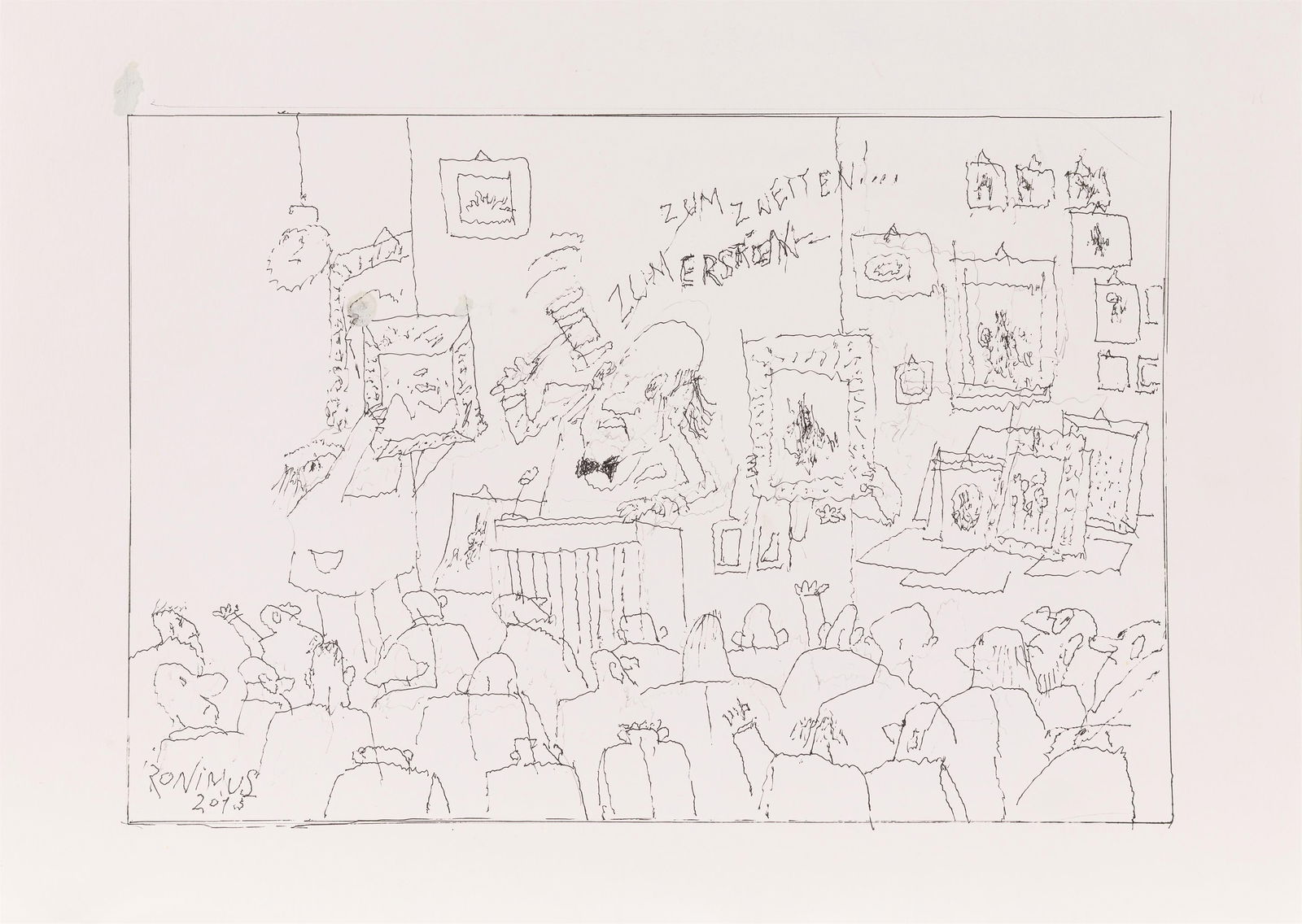 Gustav Peichl: o.T.: Gustav Peichl o.T. 2015 Tusche und Graphit auf Papier; ungerahmt 30,4 x 42,8 cm (Maße gefalten) 60,8 x 42,8 cm (Maße gesamt) Signiert und datiert links unten: Ironimus, 2015