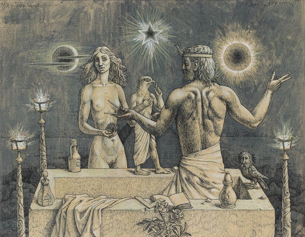 Peter Proksch: Das Grab des Osiris: Peter Proksch Das Grab des Osiris 1981 Federzeichnung auf Papier; gerahmt 28 x 35,5 cm (Passep.-Ausschn.) Bezeichnet links oben: "Das Grab des Osiris" Signiert und datiert rechts oben: Peter Proksch,