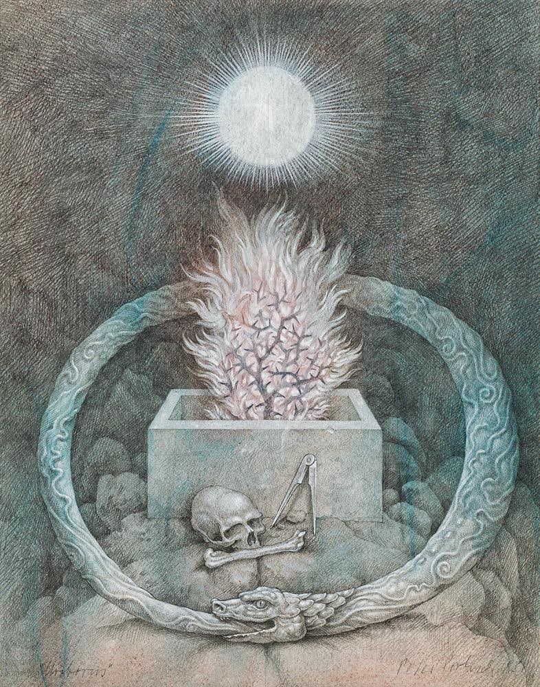 Peter Proksch: Uroborus: Peter Proksch Uroborus 1981 Federzeichnung auf Papier; gerahmt 34 x 27,5 cm (Passep.-Ausschn.) Bezeichnet links unten: "Uroborus" Signiert und datiert rechts unten: Peter Proksch, 1981 