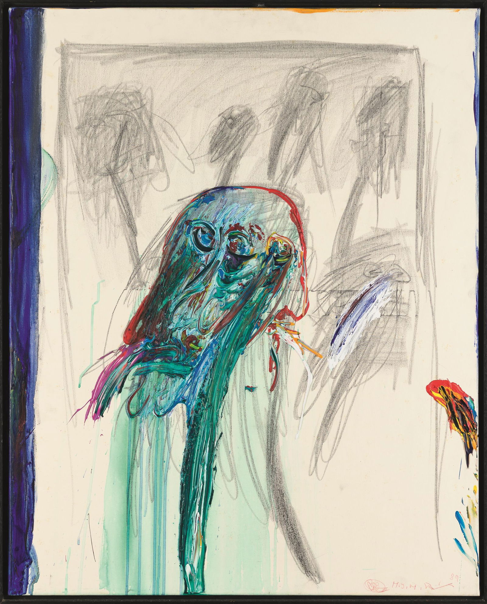 Franz Ringel: Begegnung II: Franz Ringel Begegnung II 1989 Öl auf Leinwand; gerahmt 100 x 80 cm (Rahmen-Ausschn.) Signiert und datiert rechts unten: M.J.M. Ringel, 89 Rückseitig signiert und bezeichnet auf Keilrahmen: