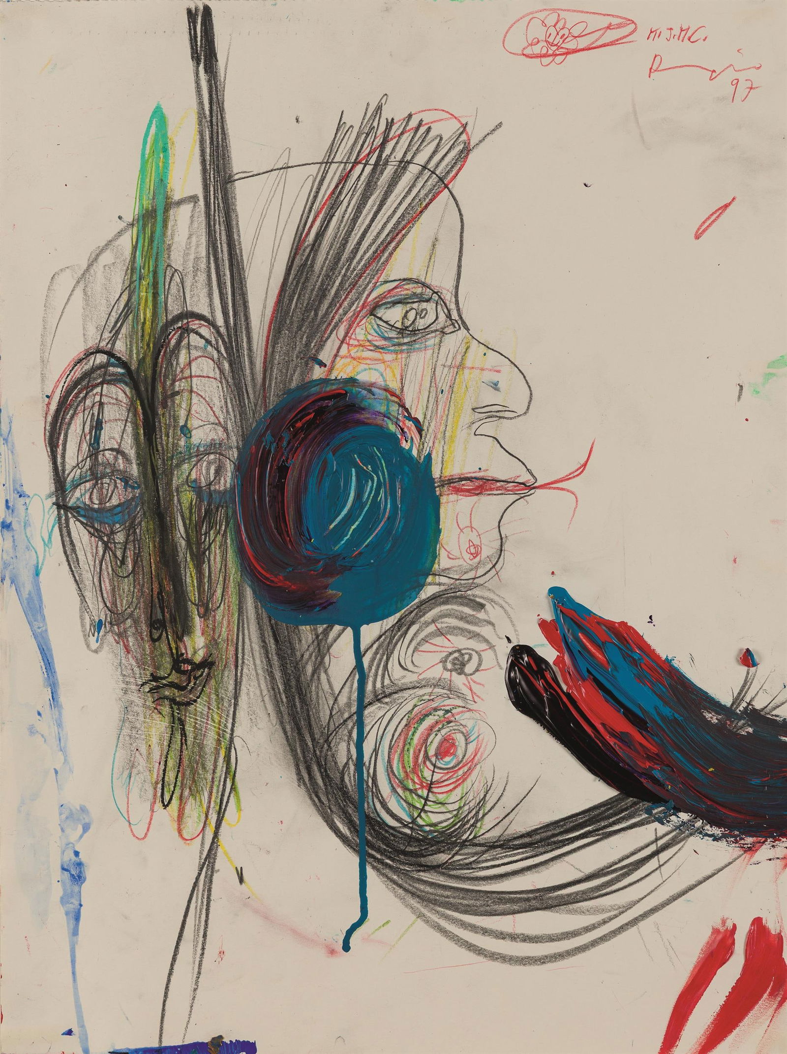 Franz Ringel: o.T.: Franz Ringel o.T. 1997 Mischtechnik auf Papier; gerahmt 55,5 x 41 cm Signiert und datiert rechts oben: M.J.M.C. Ringel, 97 österreichischer Privatbesitz Franz Ringel Untitled 1997 mixed media