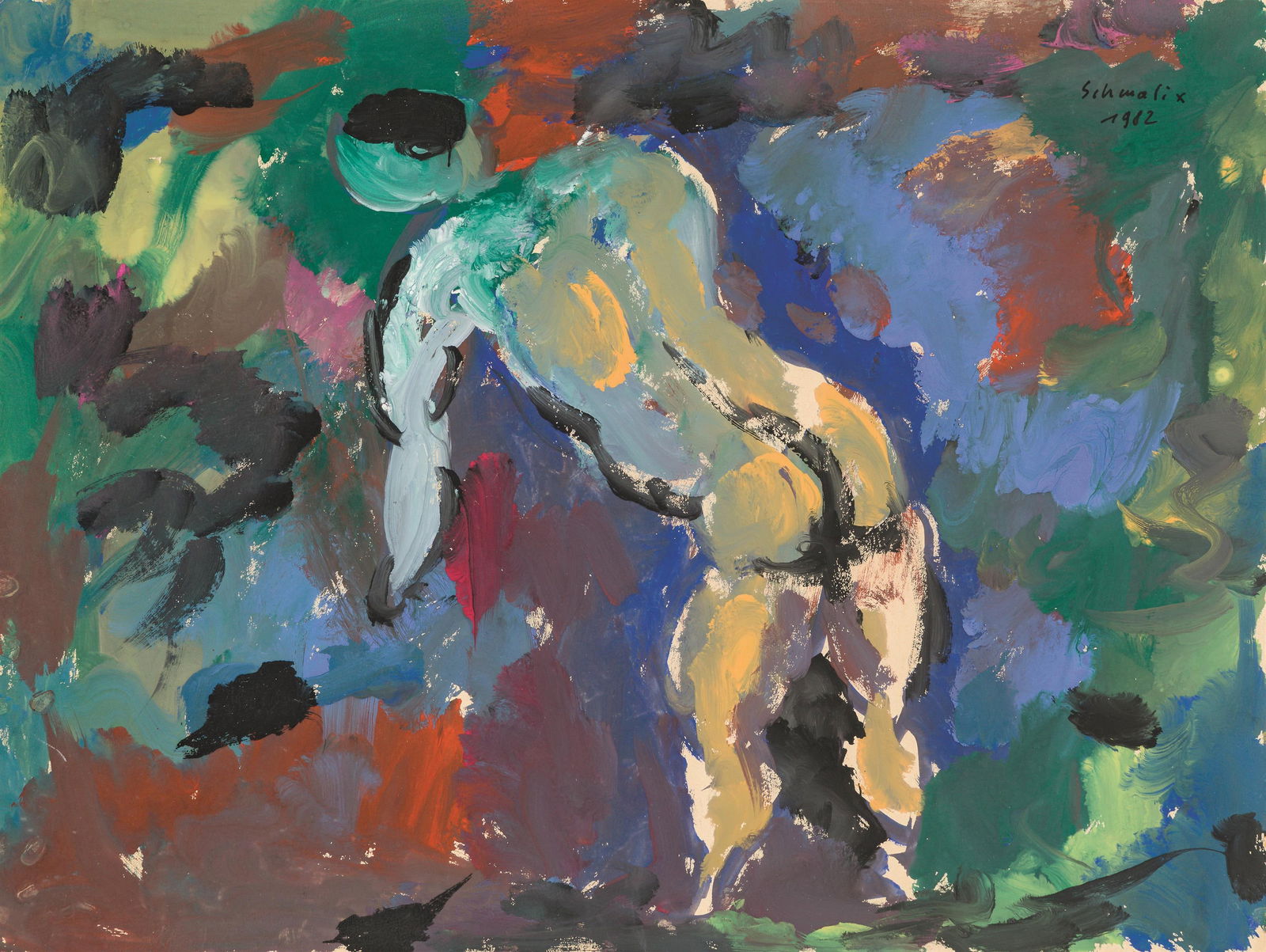 Hubert Schmalix: o.T.: Hubert Schmalix o.T. 1982 Gouache auf Papier; gerahmt 35,5 x 47,5 cm Signiert und datiert rechts oben: Schmalix, 1982 österreichischer Privatbesitz Hubert Schmalix Untitled 1982 gouache on paper;