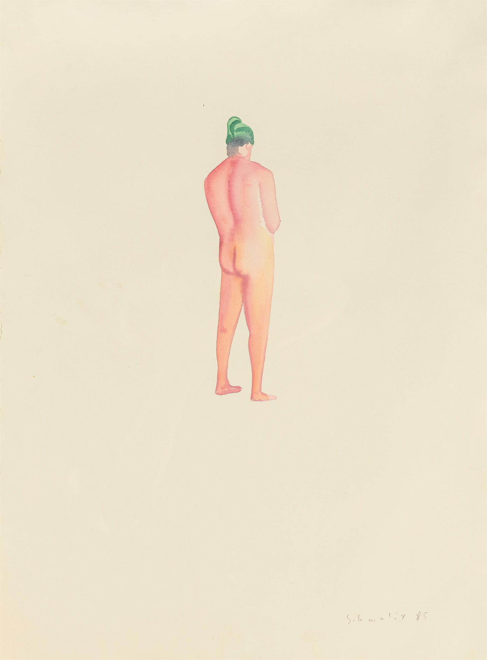 Hubert Schmalix: o.T. (Mann mit Mütze): Hubert Schmalix o.T. (Mann mit Mütze) 1985 Aquarell auf Büttenpapier; gerahmt 64,5 x 47 cm Signiert und datiert rechts unten: Schmalix, 85 Privatsammlung, Wien Hubert Schmalix Untitled
