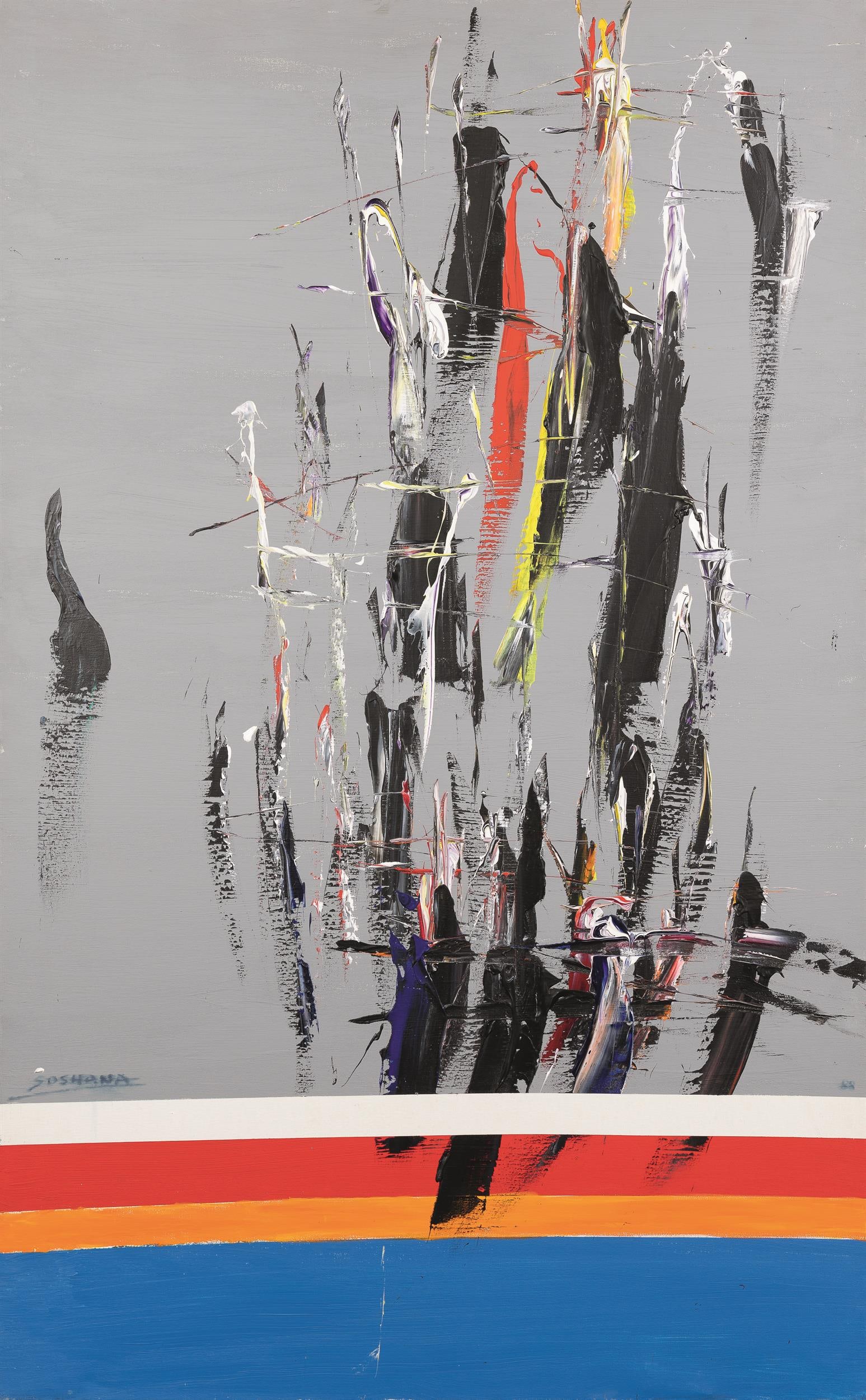 Soshana: Grey Abstraction with Stripes: Soshana Grey Abstraction with Stripes 1988 Acryl auf Leinwand; ungerahmt 130 x 81 cm Signiert links unten: Soshana Privatbesitz, Wien Diese Arbeit ist unter der online WVZ-Nr. #00217 bekannt. 