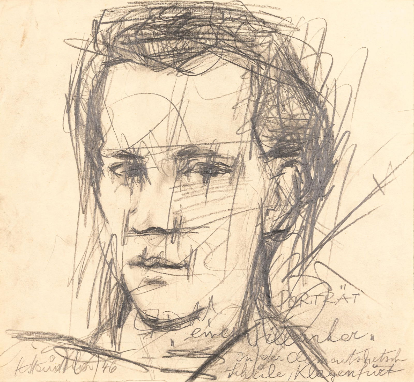 Hans Staudacher: Porträt eines Villacher: Hans Staudacher Porträt eines Villacher 1946 Graphit auf Papier; ungerahmt 29 x 31 cm Signiert und datiert links unten: H Staudacher, 46 Bezeichnet rechts unten: Porträt eines Villacher in