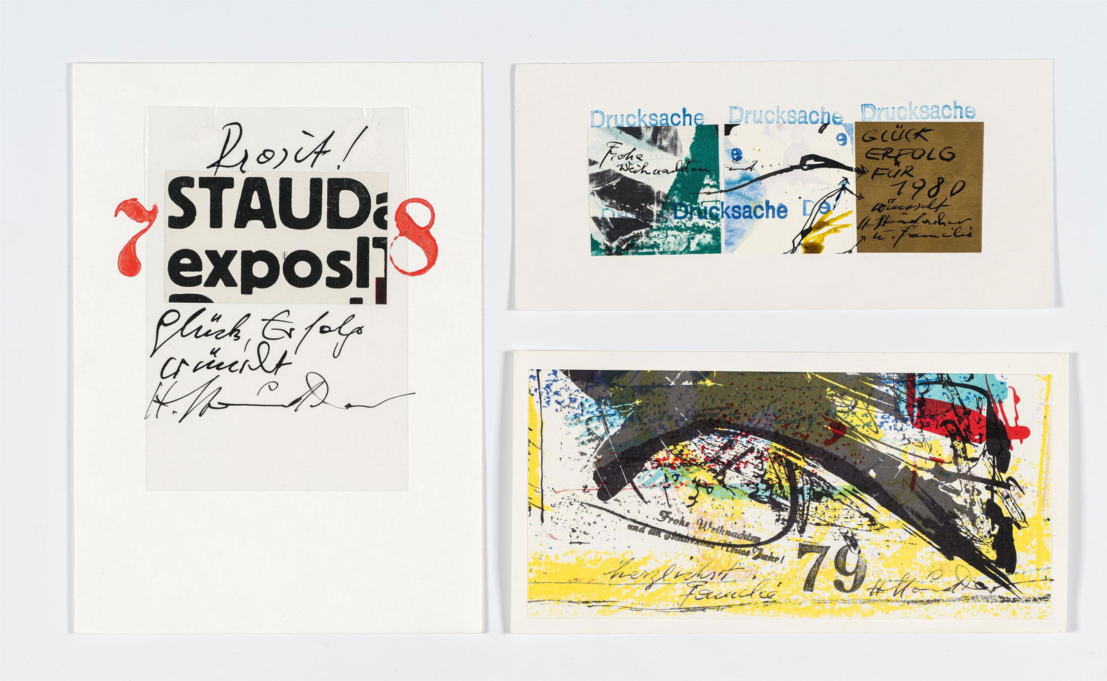 Hans Staudacher: Grußkarten (Konvolut aus drei Arbeiten): Hans Staudacher Grußkarten (Konvolut aus drei Arbeiten) Mischtechnik auf Papier; ungerahmt 22 x 15,5 cm; 9,5 x 20,5 cm; 11 x 21 cm Alle drei Arbeiten sind signiert und datiert. 