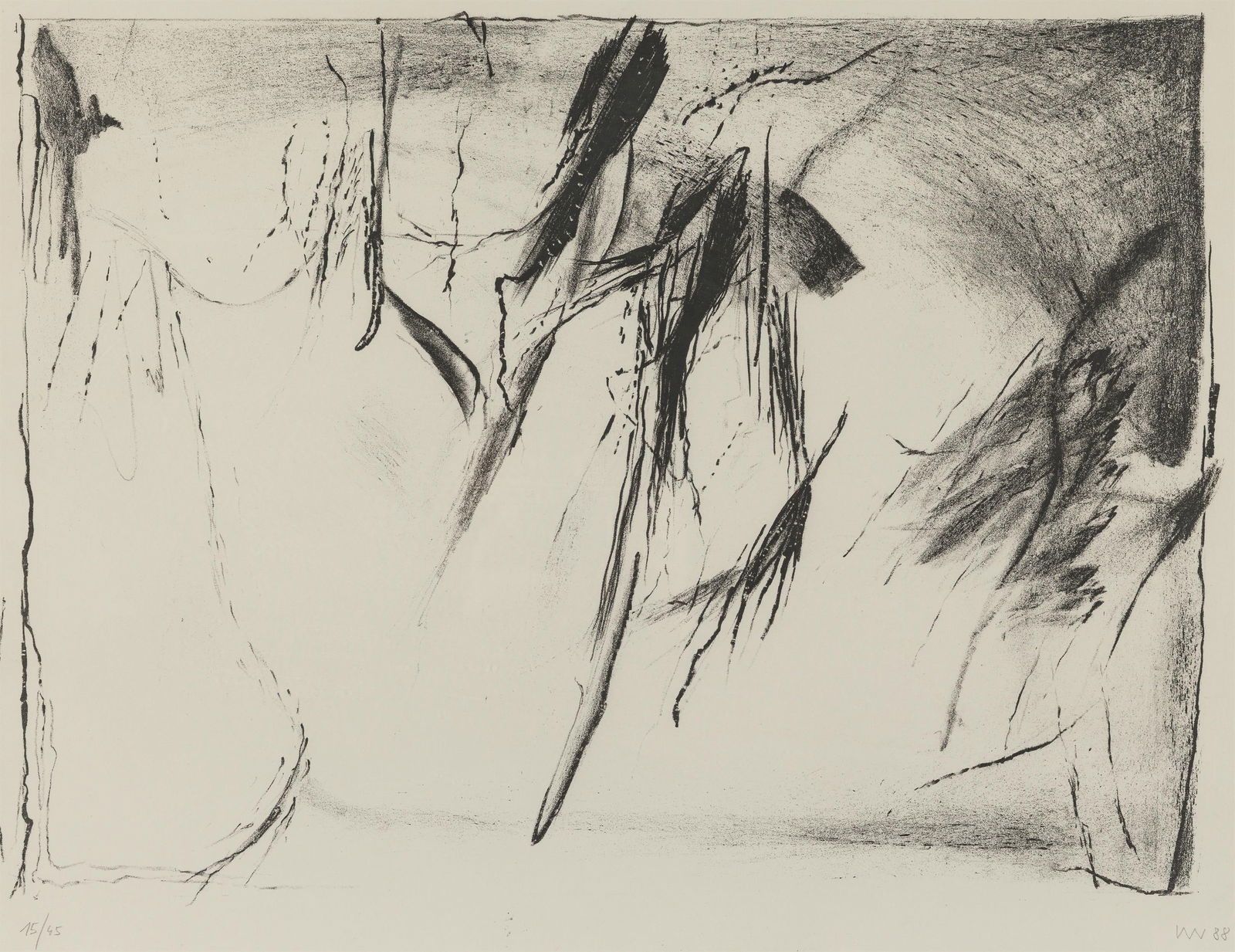 Max Weiler: o.T.: Max Weiler o.T. 1988 Lithografie auf Papier; gerahmt 47 x 63 cm (Rahmen-Ausschn.) Handschriftlich nummeriert links unten: 15/45 Handschriftlich monogrammiert und datiert rechts unten: MW, 88