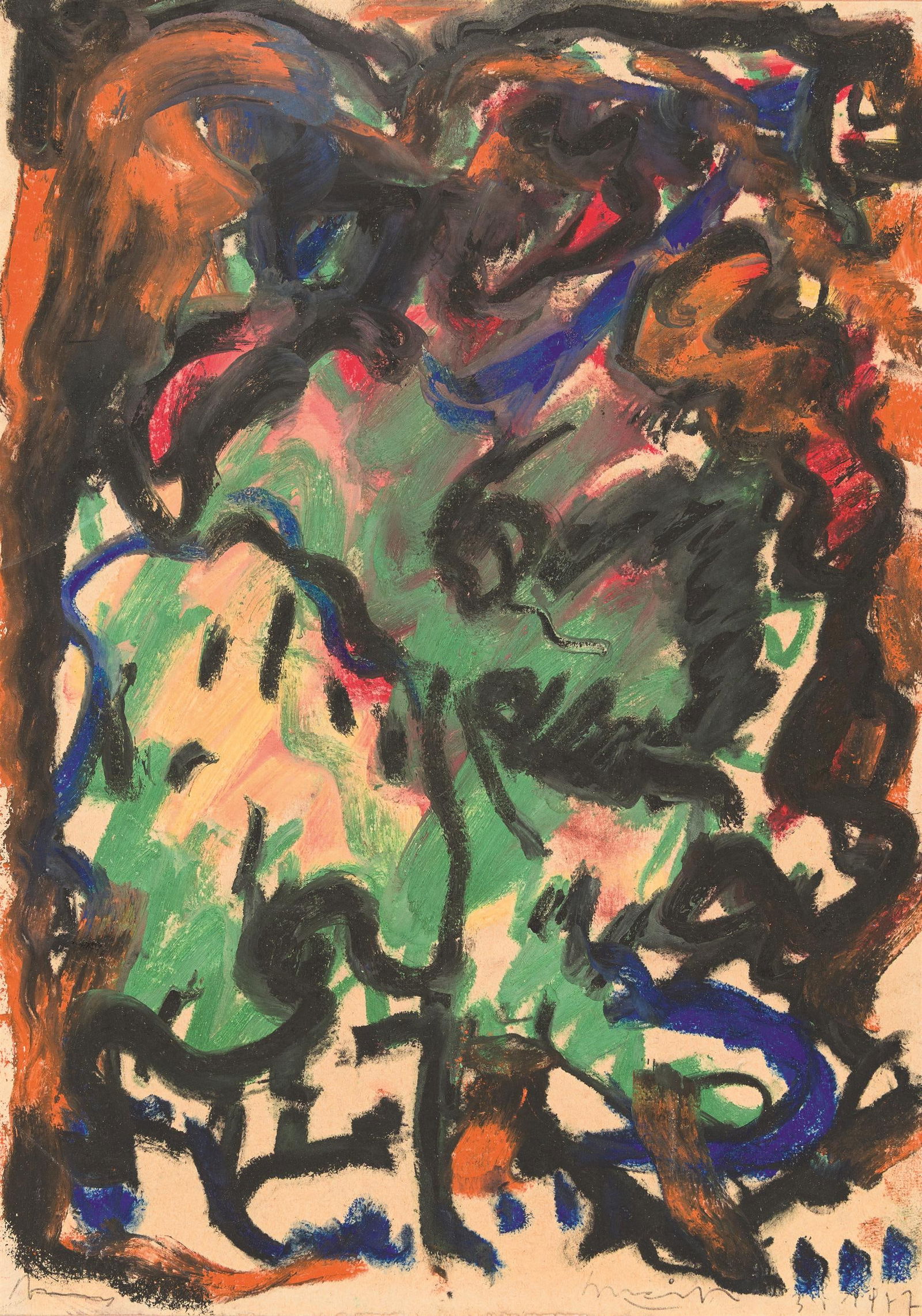 Siegfried Anzinger: o.T.: Siegfried Anzinger o.T. 1977 Mischtechnik auf Papier auf braunem Papier kaschiert; ungerahmt 29 x 20 cm Signiert links unten: Anzinger Datiert rechts unten: 3 7 1977 österreichische Privatsammlun