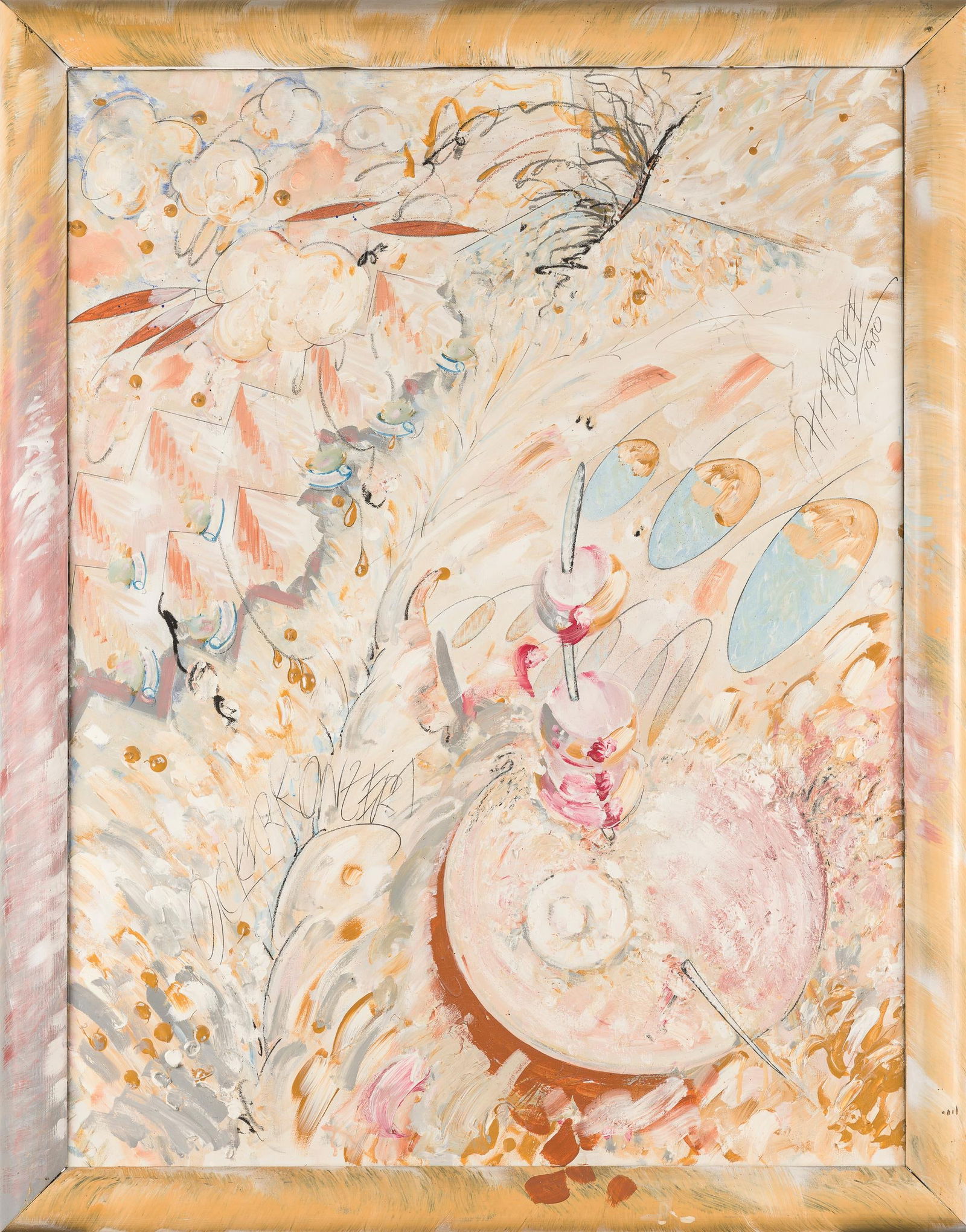 Christian Ludwig Attersee: Ockerkonzert: Christian Ludwig Attersee Ockerkonzert 1980 Acryl auf Leinwand mit Originalrahmung; gerahmt 119 x 94 cm (inkl. Rahmen) Signiert und datiert mittig rechts: Attersee, 1980 Bezeichnet mittig links: