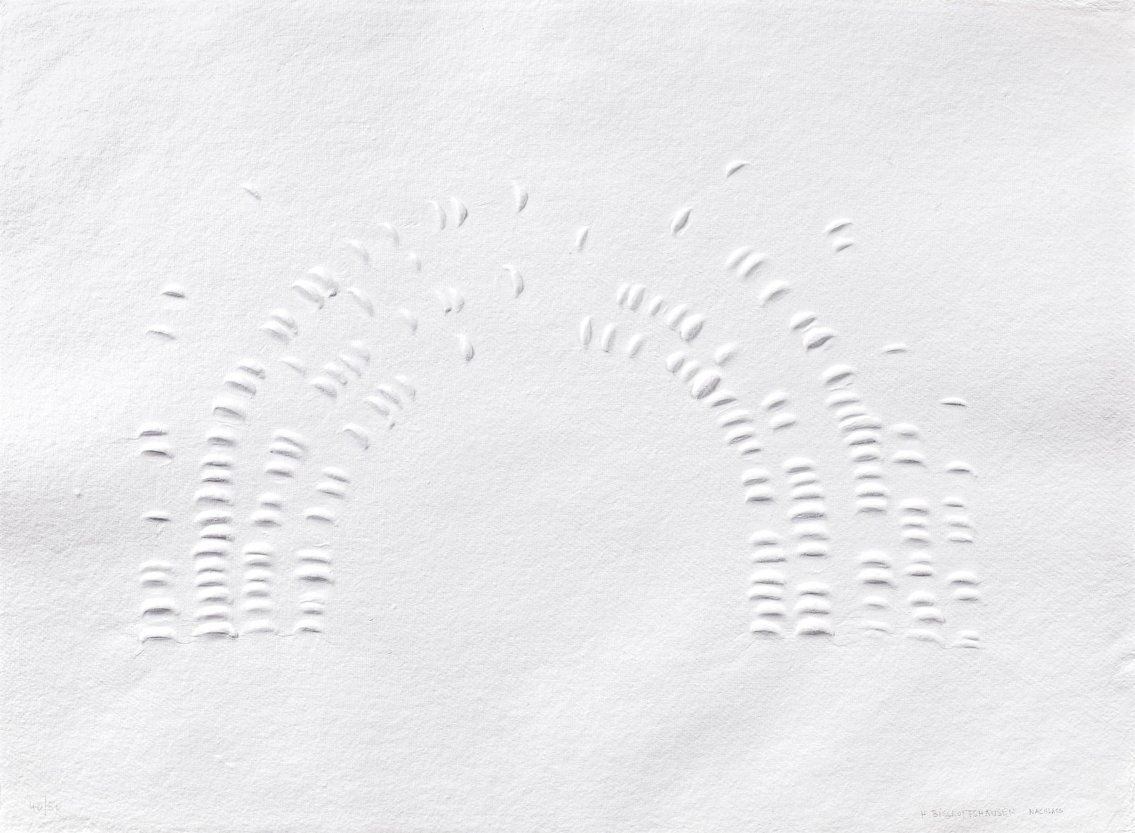 Hans Bischoffshausen: o.T.: Hans Bischoffshausen o.T. 2011 Prägedruck auf weißem Büttenpapier; ungerahmt 57 x 77,5 cm Nach dem Motiv des Bildes "Invasion" von 1973; Entstehungsjahr 2011 Nummeriert links unten: