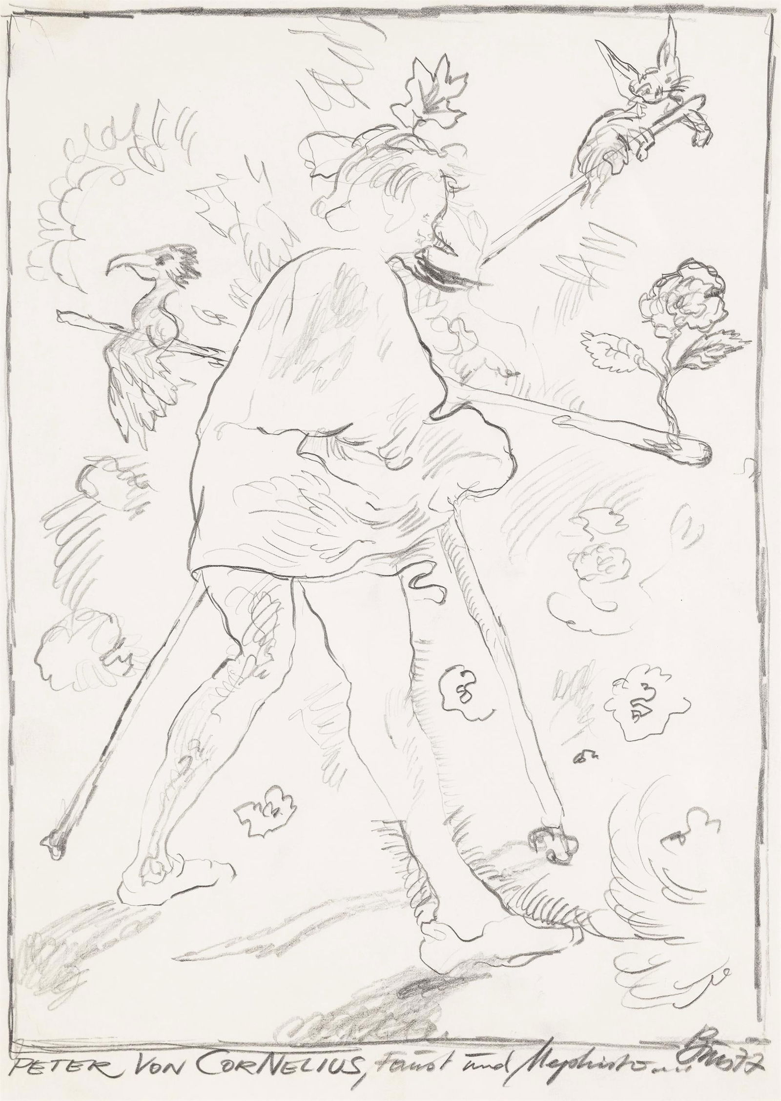 Günter Brus: Peter von Cornelius, Faust und Mephisto: Günter Brus Peter von Cornelius, Faust und Mephisto 1977 Bleistift auf Papier; gerahmt 41 x 29 (Rahmen-Ausschn.) Signiert und datiert rechts unten: Brus, 77 Privatbesitz, Steiermark 
