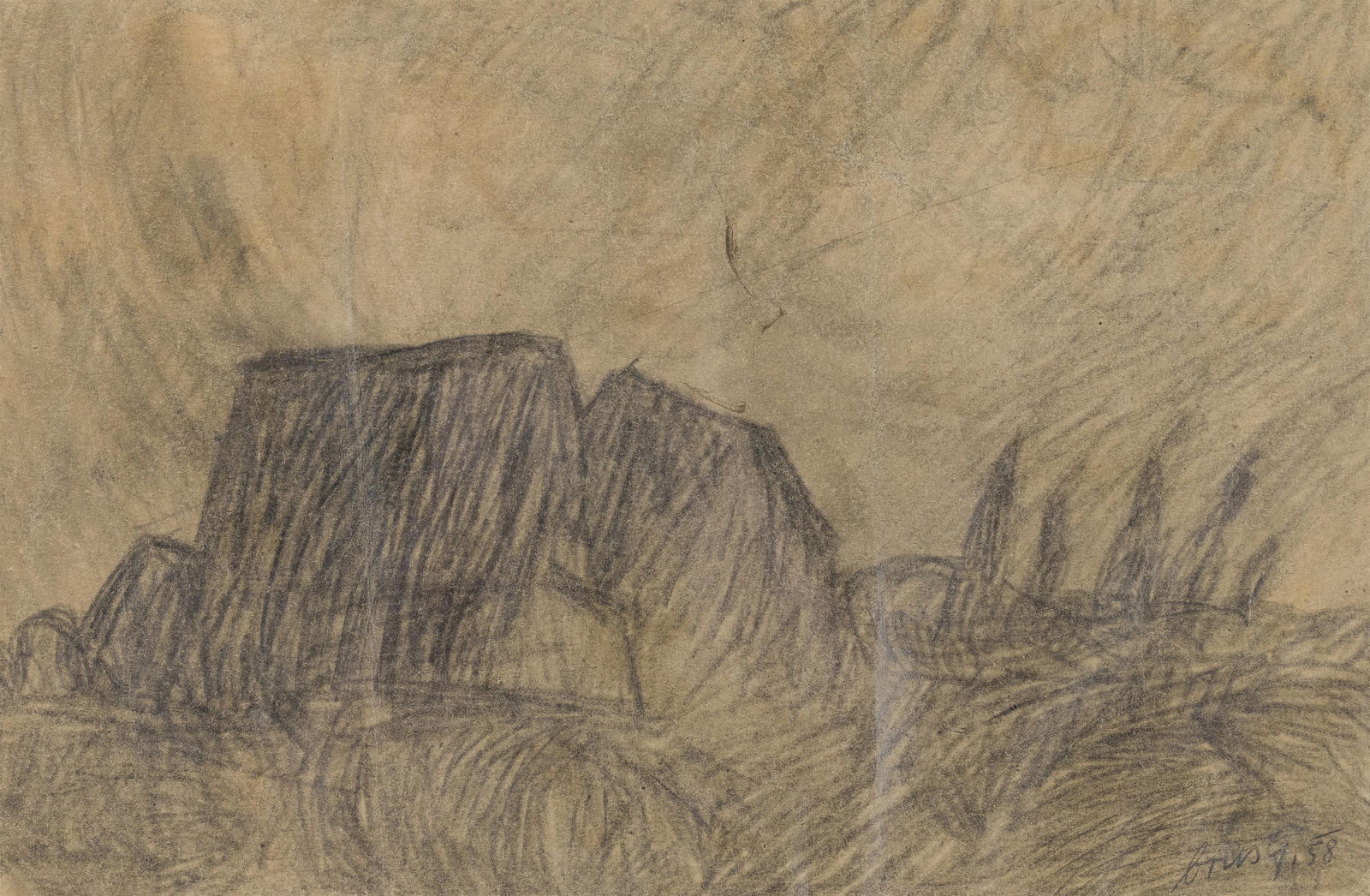 Günter Brus: o.T.: Günter Brus o.T. 1958 Graphit auf Papier; gerahmt 28,8 x 42,7 cm Signiert und datiert rechts unten: Brus G., 58 direkt vom Künstler; seither österreichischer Privatbesitz 