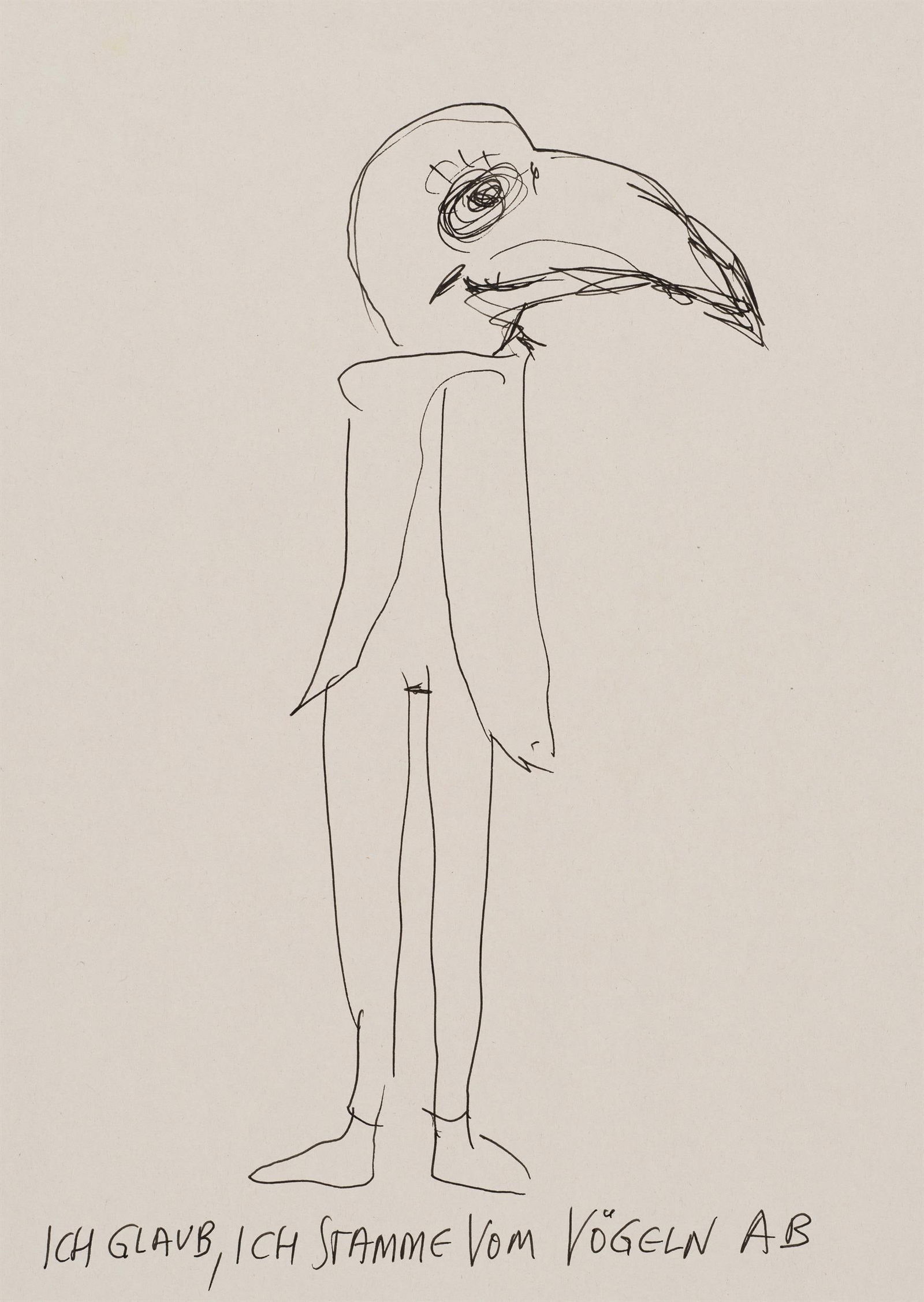 Günter Brus: Ich glaube, ich stamme vom Vögeln ab: Günter Brus Ich glaube, ich stamme vom Vögeln ab Tusche auf Papier; ungerahmt 29,7 x 21 cm Bezeichnet unten: Ich glaube, ich stamme vom Vögeln ab Sammlung Just Die Zeichnung entstand