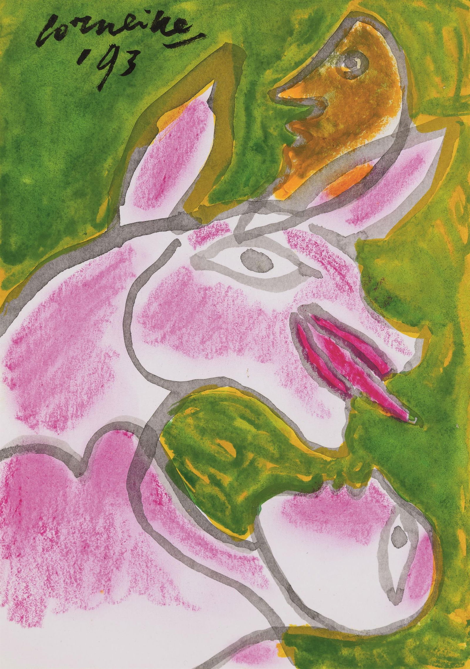 Corneille (C. W. Beverloo): o.T. (Mann und Ziege): Corneille (C. W. Beverloo) o.T. (Mann und Ziege) 1993 Mischtechnik auf Papier; ungerahmt 21 x 14 cm Signiert und datiert rechts oben: Corneille, 93 österreichischer Privatbesitz Der Leihrahmen ka