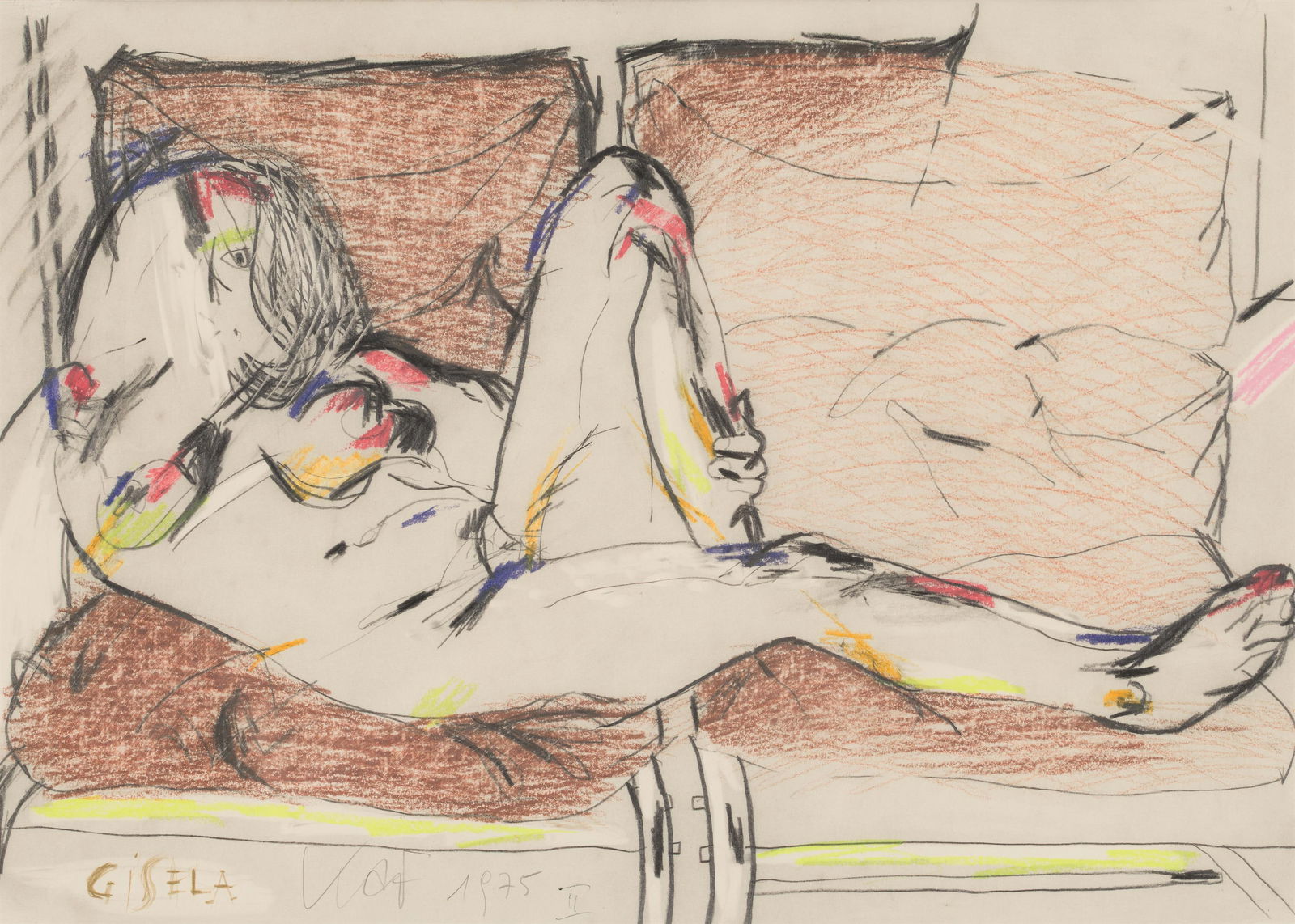 Karl Anton Fleck: Gisela II: Karl Anton Fleck Gisela II 1975 Mischtechnik auf Papier; gerahmt 31 x 43 cm (Passep.-Ausschn.) Bezeichnet, monogrammiert und datiert links unten: Gisela, KAF, 1975, II Privatbesitz, Wien Karl