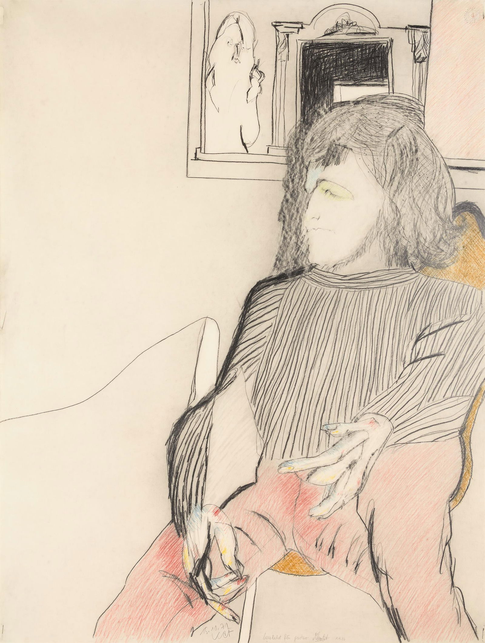 Karl Anton Fleck: o.T.: Karl Anton Fleck o.T. 1971 Buntstift, Graphit auf Papier; ungerahmt 82,3 x 62,5 cm Datiert und monogrammiert mittig unten: 15.10.71, KAF Mit Widmung. Privatsammlung, Wien Karl Anton Fleck Untitled 197