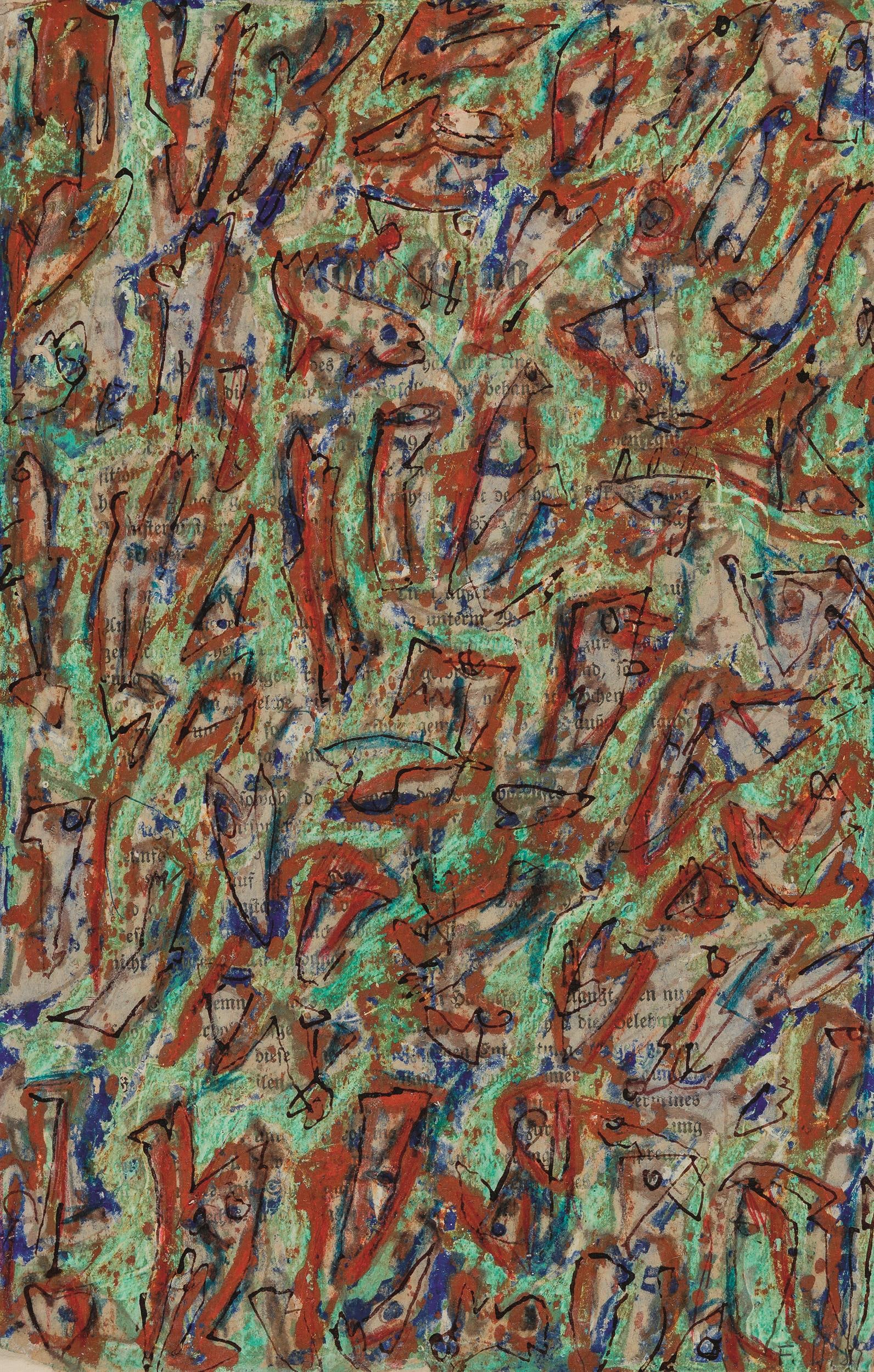 Herbert Fritsch: o.T.: Herbert Fritsch o.T. 1989 Mischtechnik auf Buchseite; ungerahmt 35,5 x 22,5 cm Monogrammiert und datiert rechts unten: F.H., 89 Rückseitig signiert und datiert: Herbert Fritsch, 89