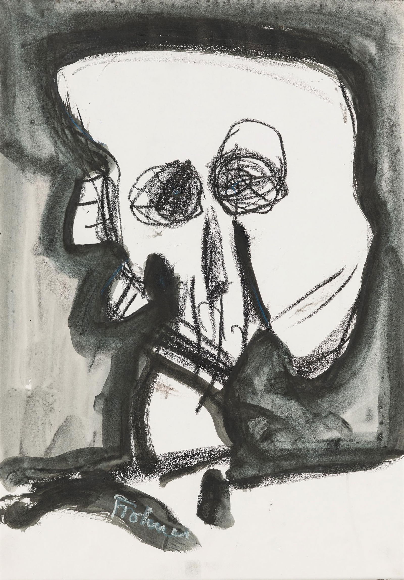 Adolf Frohner: o.T. (Totenkopf): Adolf Frohner o.T. (Totenkopf) Mischtechnik auf Papier; gerahmt 49,3 x 34,7 cm Signiert links unten: Frohner österreichischer Privatbesitz Adolf Frohner Untitled (skull) mixed media on paper;