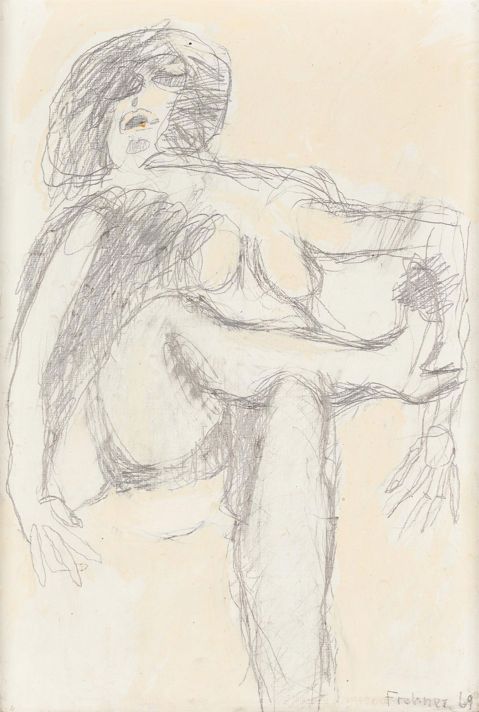 Adolf Frohner: Sitzender Akt: Adolf Frohner Sitzender Akt 1969 Mischtechnik auf Papier; gerahmt 31,5 x 21,5 cm Signiert und datiert rechts unten: Frohner, 69 österreichischer Privatbesitz Adolf Frohner Sitzender Akt 1969 mixe