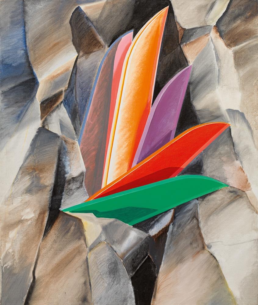 Leopold Ganzer: Steinblüte: Leopold Ganzer Steinblüte 1981 Acryl auf Leinwand; ungerahmt 130 x 110 cm Rückseitig signiert: L. Ganzer Rückseitiger Nachlassstempel österreichische Privatsammlung Die Arbeit