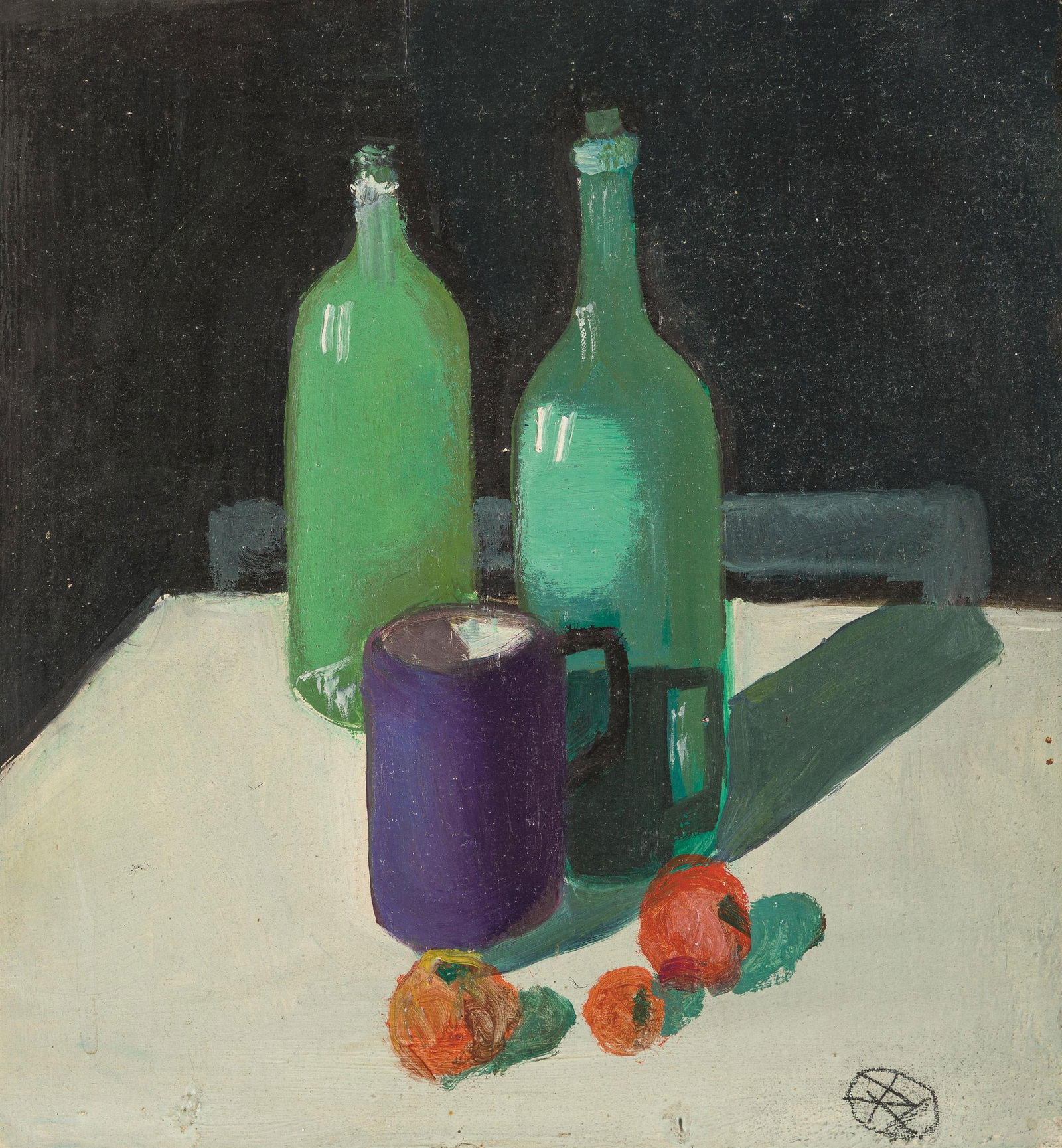 Robert Hammerstiel: Stillleben mit Flaschen: Robert Hammerstiel Stillleben mit Flaschen 1979 Öl auf Pressspanplatte; ungerahmt 21,5 x 20 cm Monogrammiert rechts unten: RH Rückseitig monogrammiert, signiert und datiert: RH,