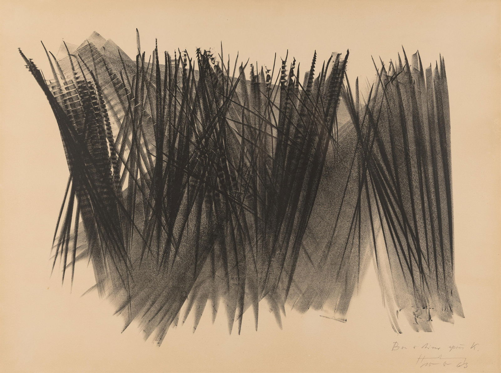 Hans Hartung: o.T.: Hans Hartung o.T. 1963 Lithographie; gerahmt 57 x 76 cm Handschriftlich nummeriert, signiert und datiert rechts unten: Bon à tirer après K., Hans Hartung, 15 8 63 Probedruck