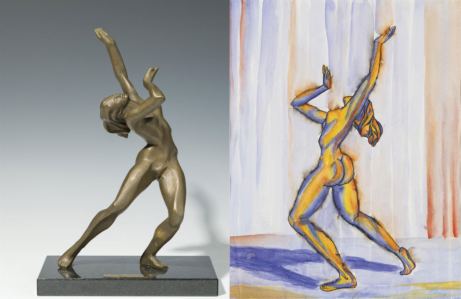 Oskar E. Höfinger: Fanny Elsler: Oskar E. Höfinger Fanny Elsler (Bronze und Entwurfszeichnung) 1997 Bronze; Mischtechnik auf Papier; gerahmt Bronze: H. 46 cm (mit Sockel), H. 43 cm (ohne Sockel) Papierarbeit: 49 x 38 cm