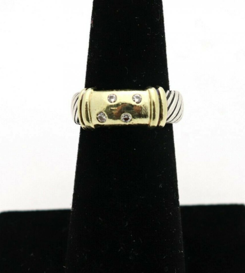 David Yurman Metro Diamond Band Ring 14K Gold, Sterling: Brand: David Yurman Stones: 4 round 0.01 white diamonds. Metal: 925 sterling silver & 14k yellow gold. Two-tone, Metro Diamond Band Ring Size: 6. Weight: 4.8 DWT / 7.5 grams. No dents or any broken pa