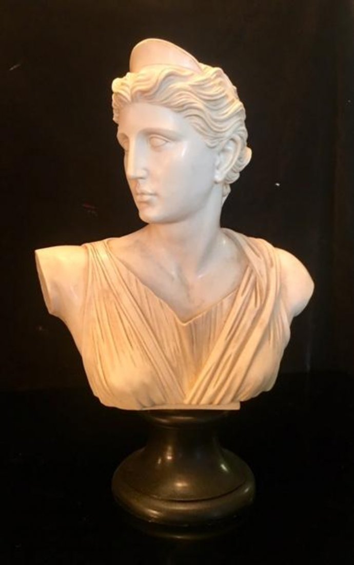 Large 19"x13" Italian Alabaster Sculpture Bust Goddess: Large Italian Alabaster Sculpture Bust of a Greek Goddess Diana by A.Santini. Measures 19" x 13"