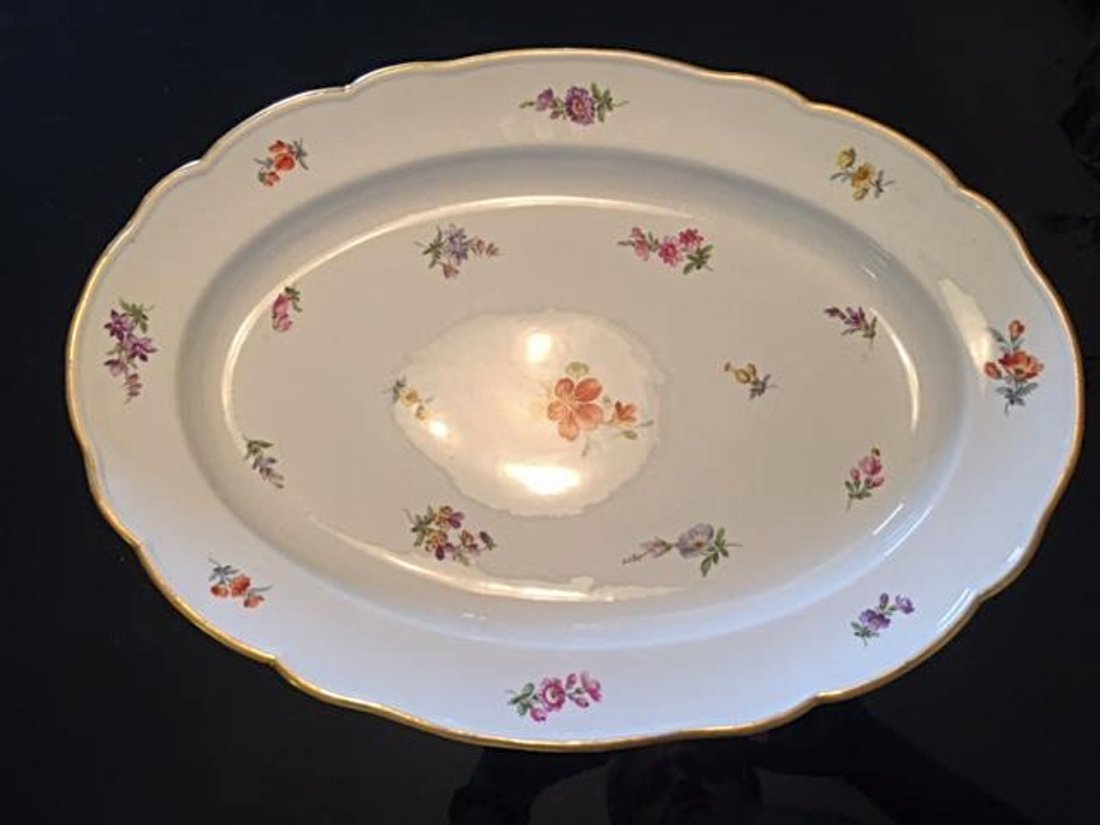 Large Antique MEISSEN Serving Tray Platter Dish Plate: Large Antique Meissen Porcelain Serving Platter in floral design with gold rim. Measures 19"L x 14"W x 2"H. Circa late 19th/early 20th century. In house shipping is available, buyer pays shipping cost