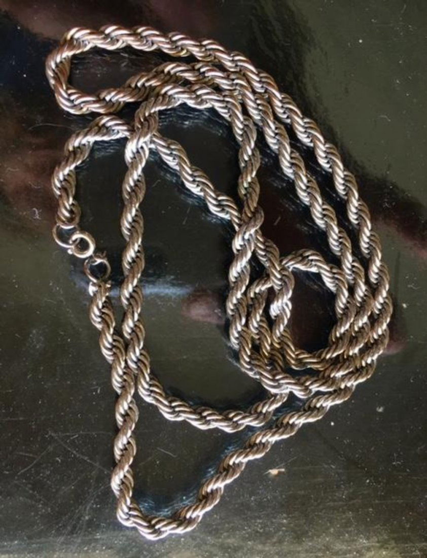 Sterling Silver 925 Rope Chain 30" Long: Sterling Silver 925 Rope Chain 30" Long. Weight 45 gram. Nice Thick and Heavy. In house shipping is available, buyer pays shipping cost.