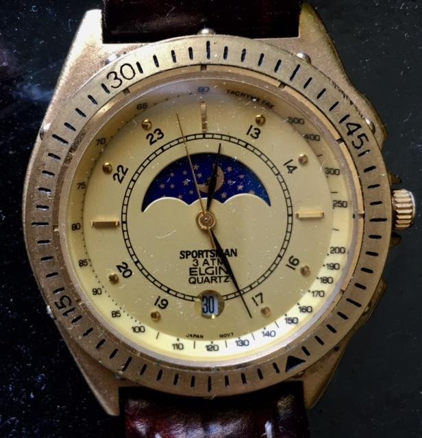 Vintage Working ELGIN Moon Face Sportsman Mens Watch: Vintage Working ELGIN Moon Face Sportsman 3 ATM Quartz Men's Watch. In house shipping to continental US $15.