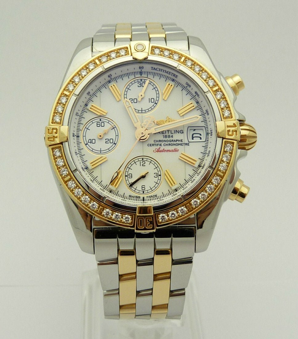 Breitling Galactic Chronograph 18K Gold Diamond Watch: Men's Breitling Galactic C13358 Chronograph Stainless Steel & 18K Gold with 1.2ct Diamond besel. Automatic. Water Resistant up to 100 m. In house shipping to continental US $25.